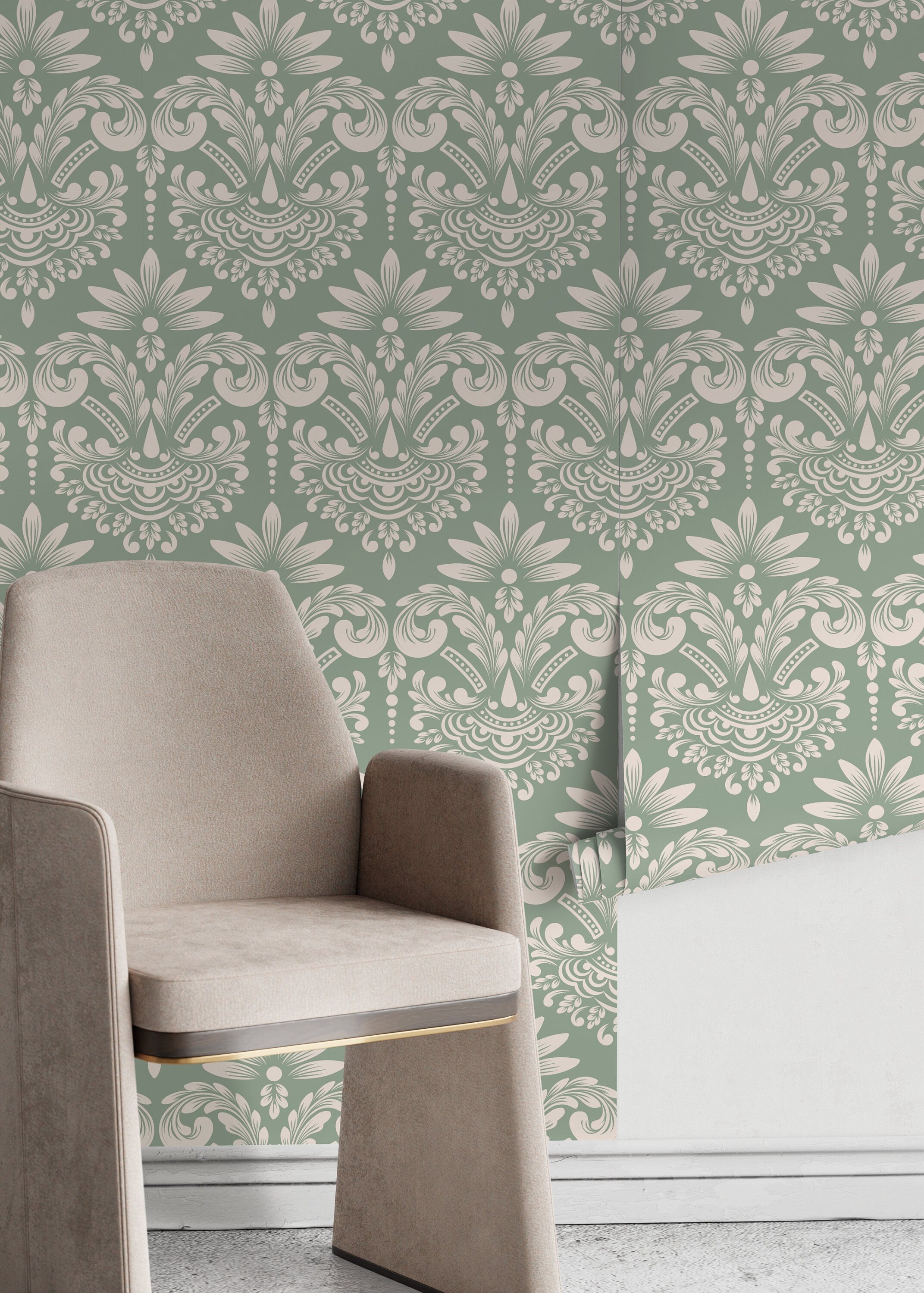 Damask Wallpaper With A Classic Vintage Scroll In Mint Green And Off-white - D251