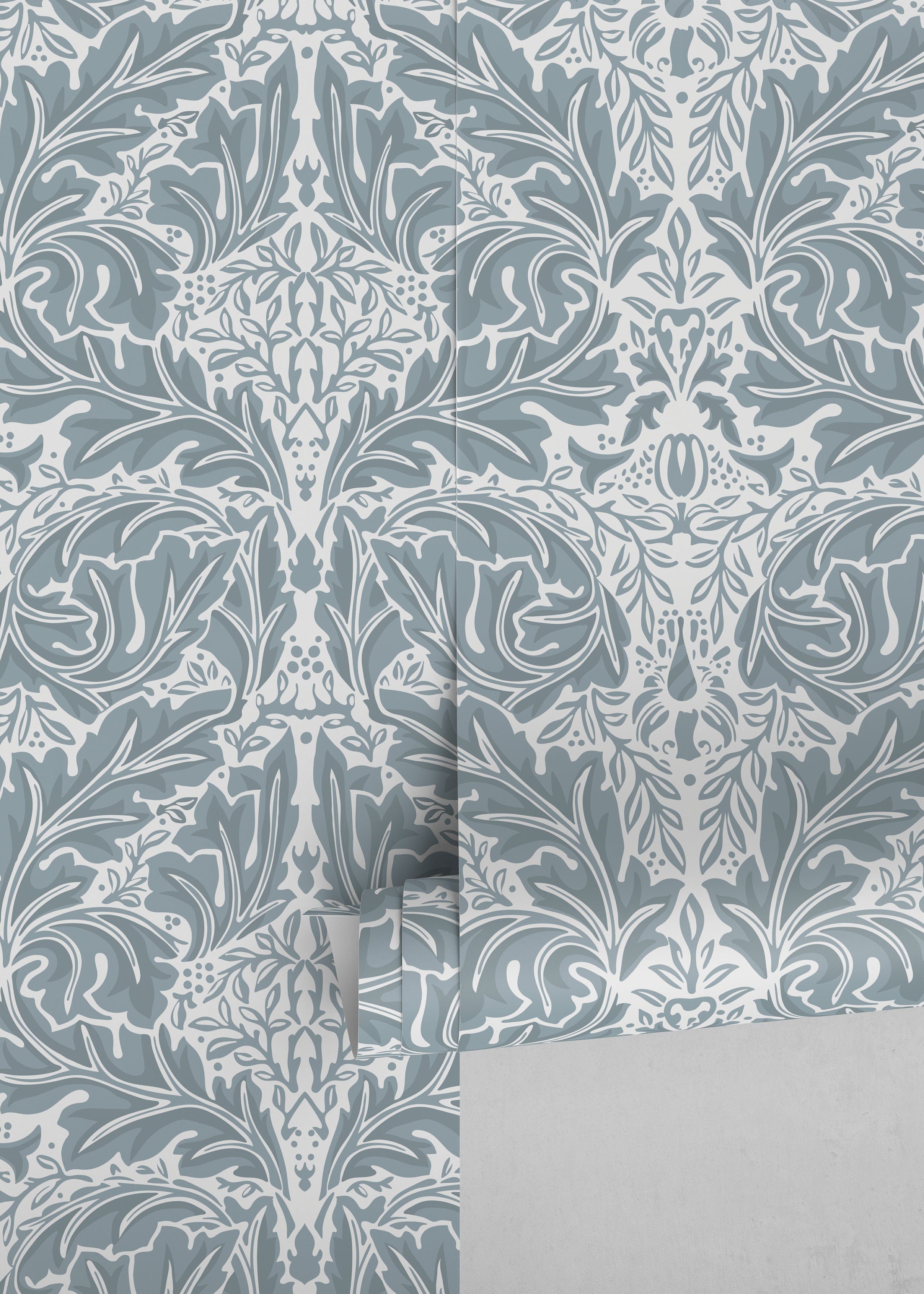 Victorian Wallpaper With An Elegant Botanical Damask In Light Blue - D268