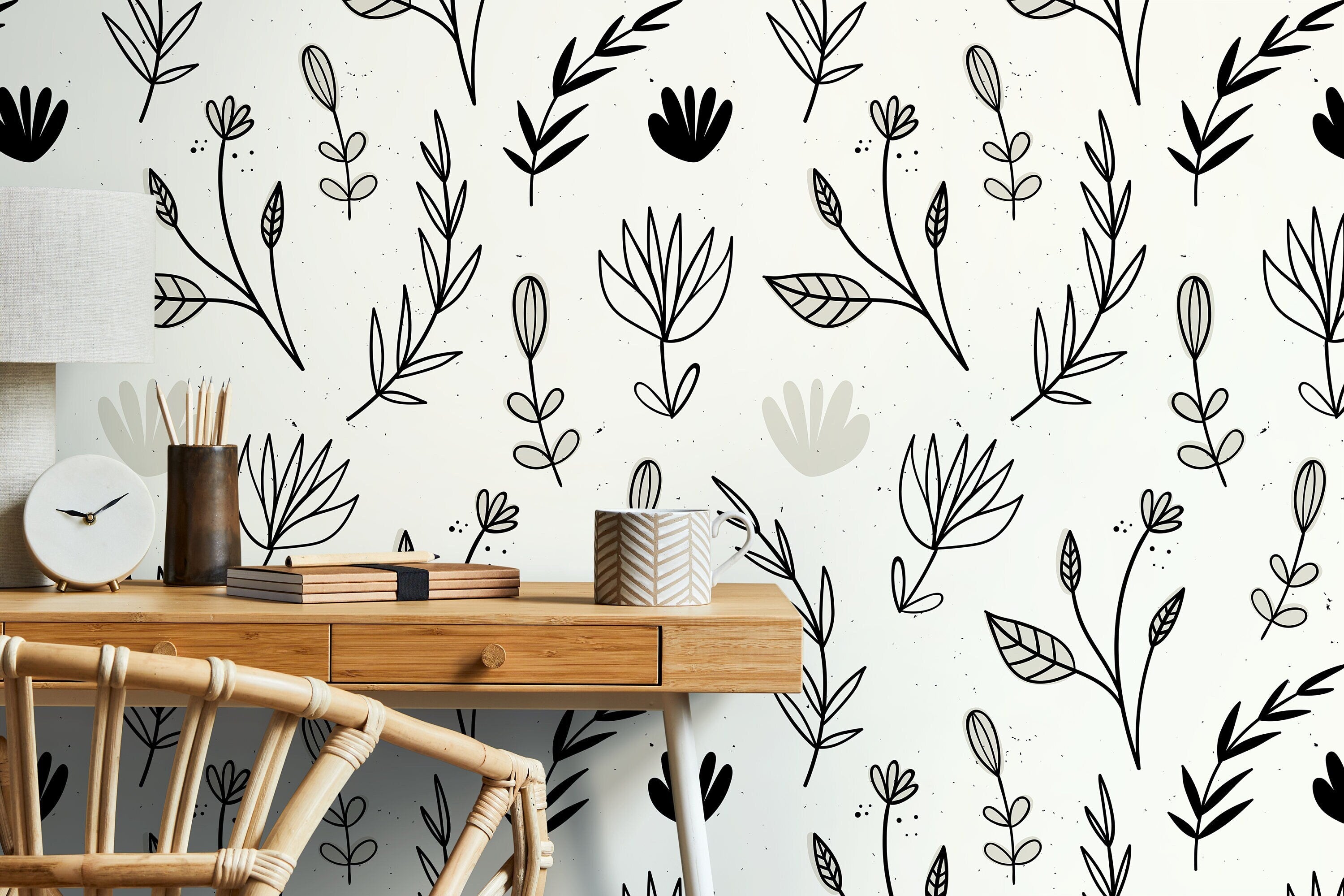 Botanical Wallpaper With Hand-drawn Stems And Leaves In Black And Gray - D270