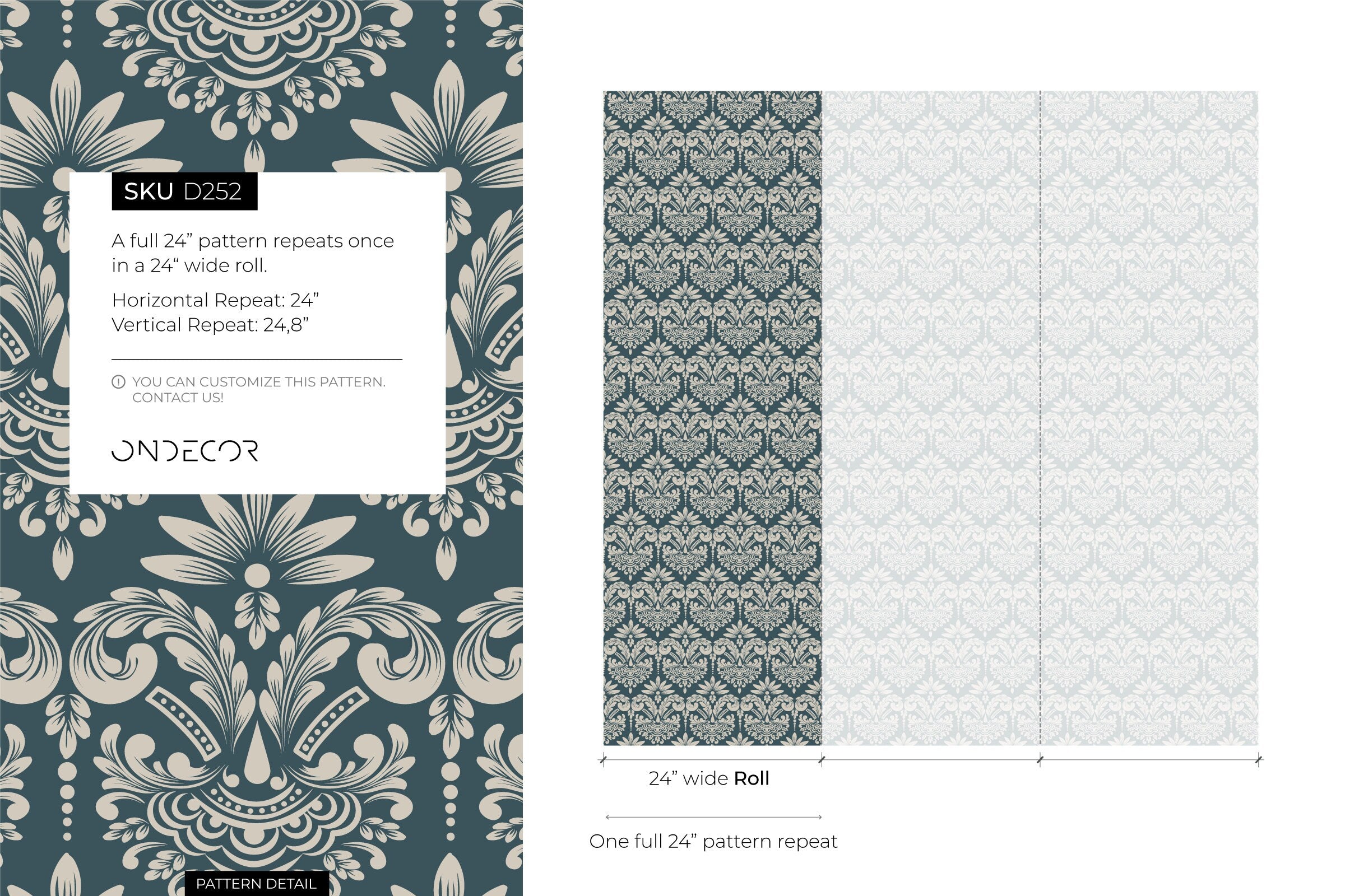 Damask Wallpaper With An Intricate Scrolling Motif In Teal And Cream - D252
