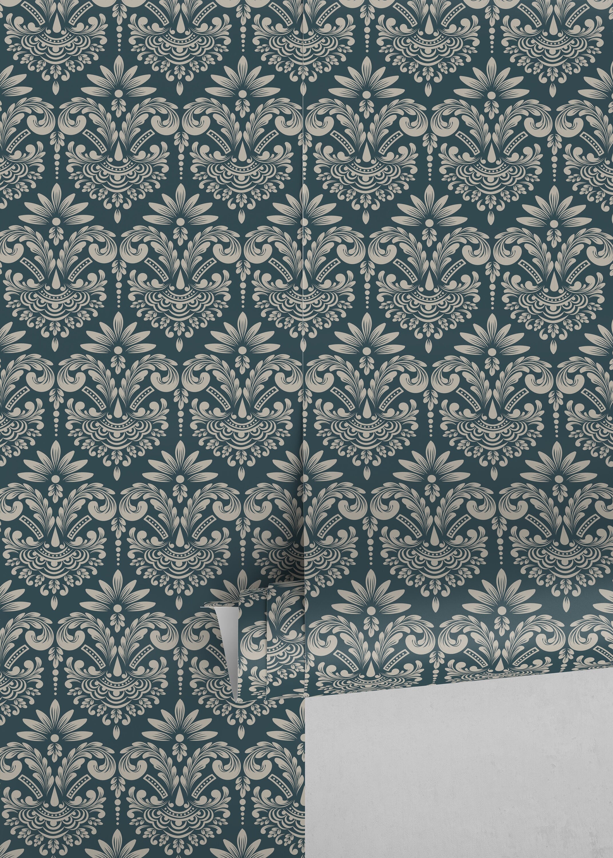 Damask Wallpaper With An Intricate Scrolling Motif In Teal And Cream - D252