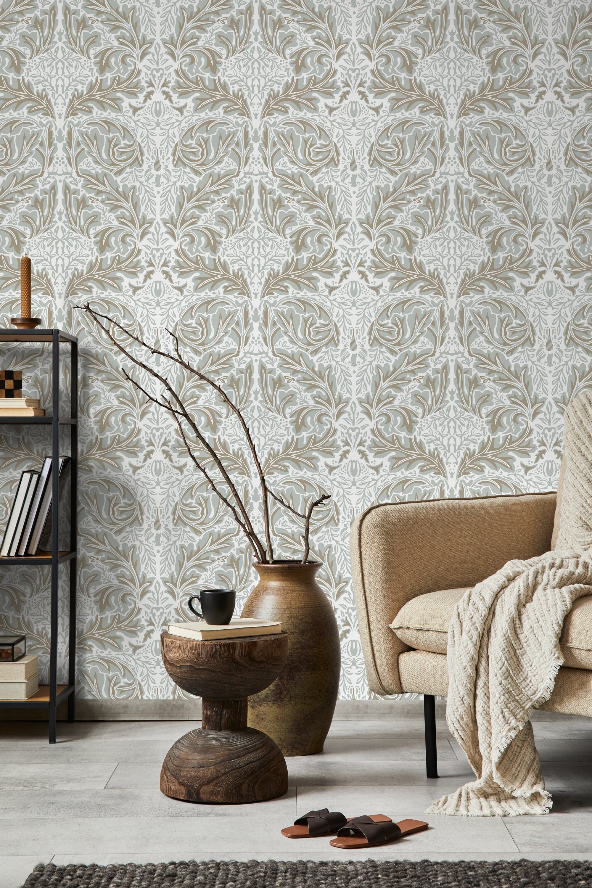 Damask Wallpaper With A Classic Acanthus Leaf Motif In Taupe And Grey - D269