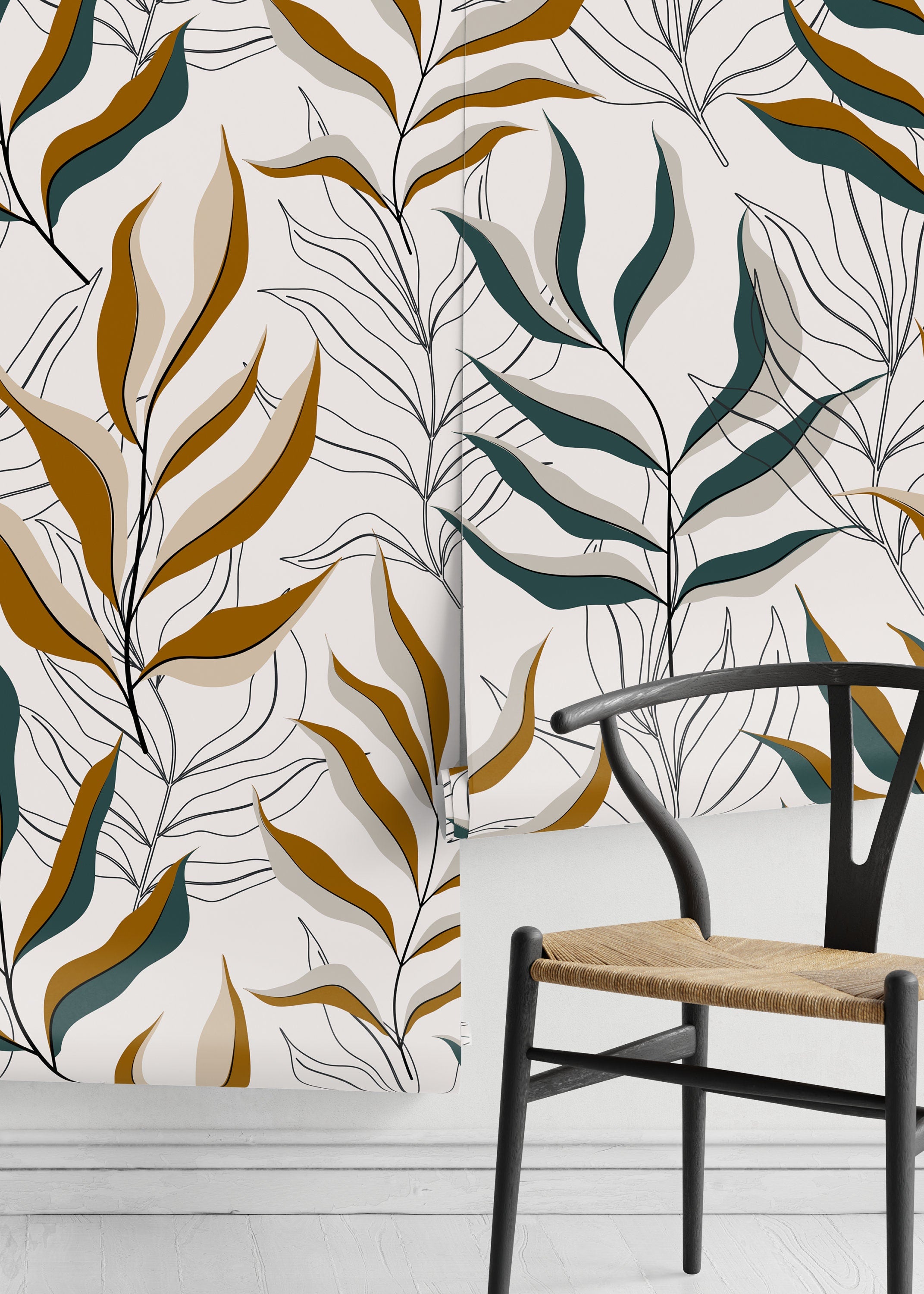 Botanical Wallpaper With Overlapping Fronds In Ochre, Teal, And Black - D253