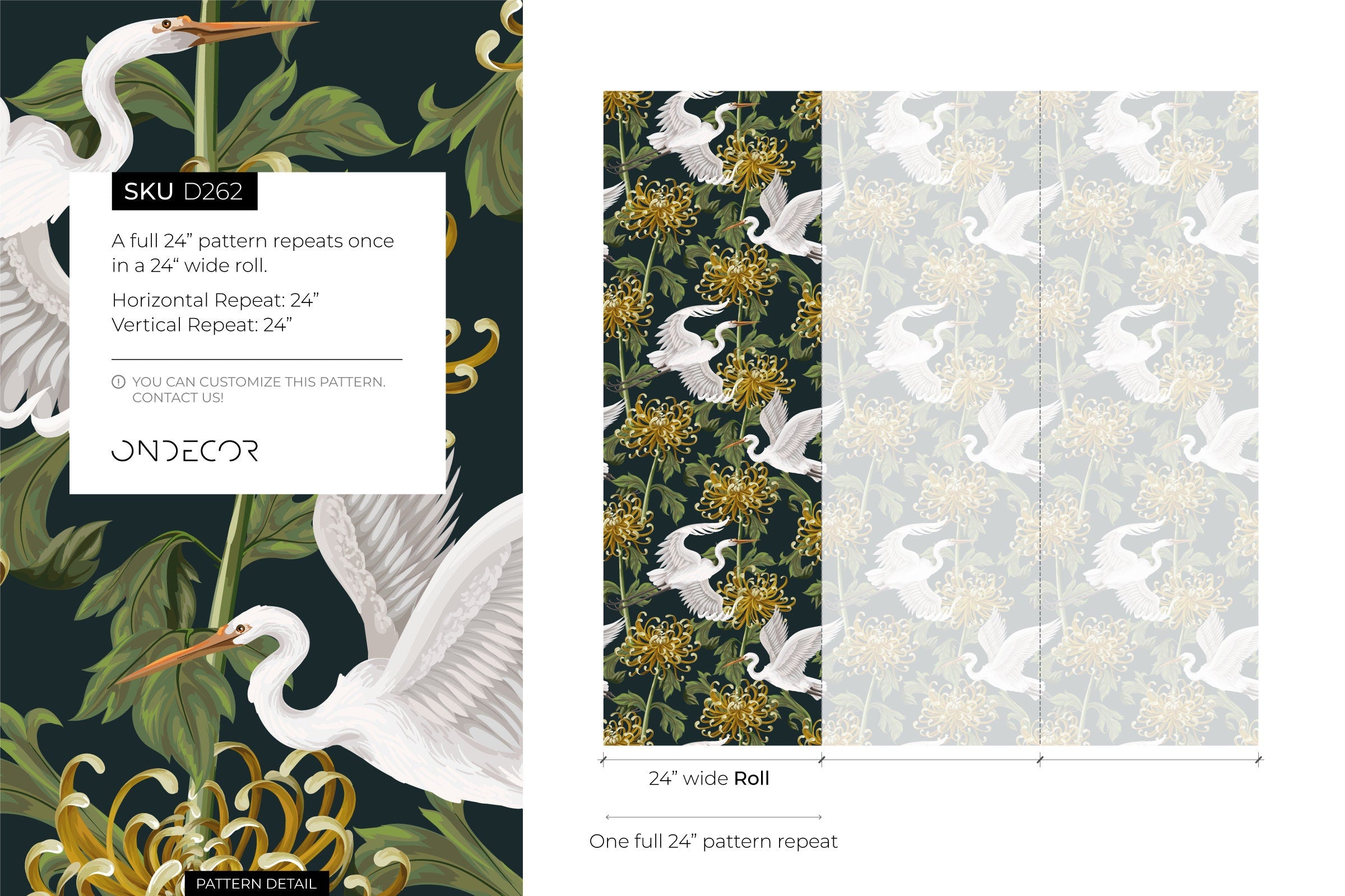 Chinoiserie Wallpaper With Cranes And Chrysanthemums In Dark Green, Gold, And White - D262