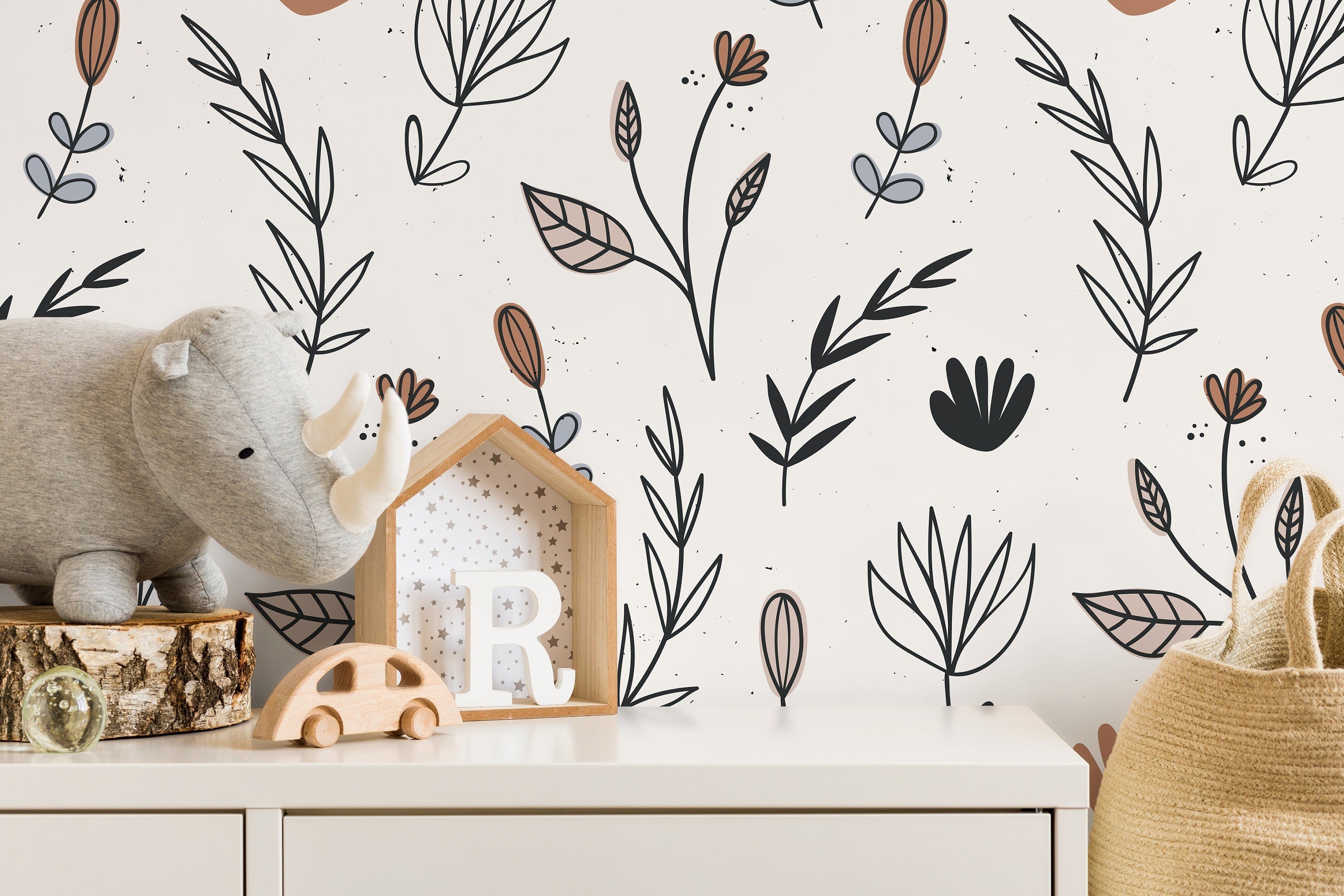 Botanical Wallpaper With Minimalist Line Art Florals In Black, Brown, And Blue - D272