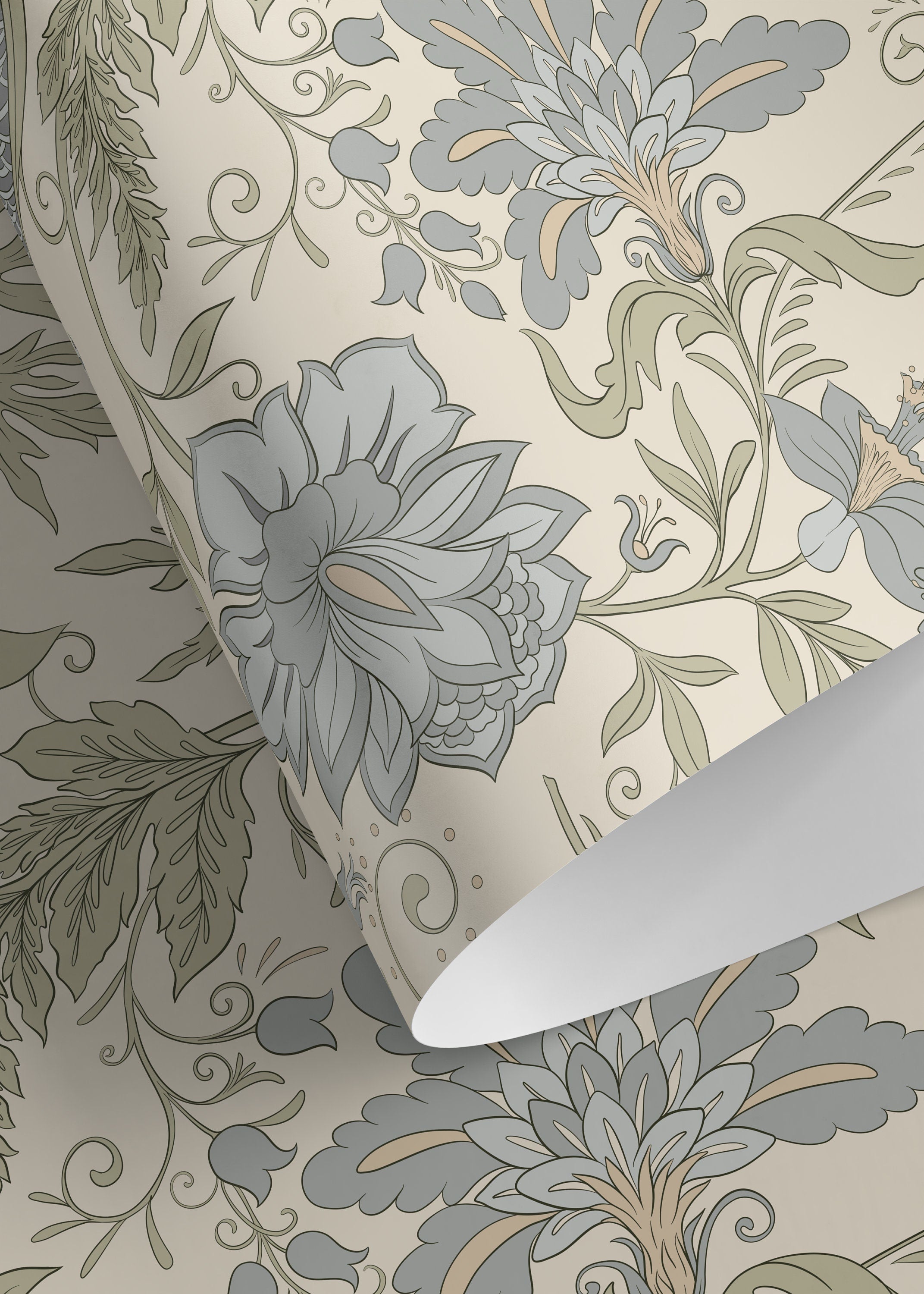 Vintage Floral Wallpaper Featuring A Jacobean Motif In Green And Blue - D273