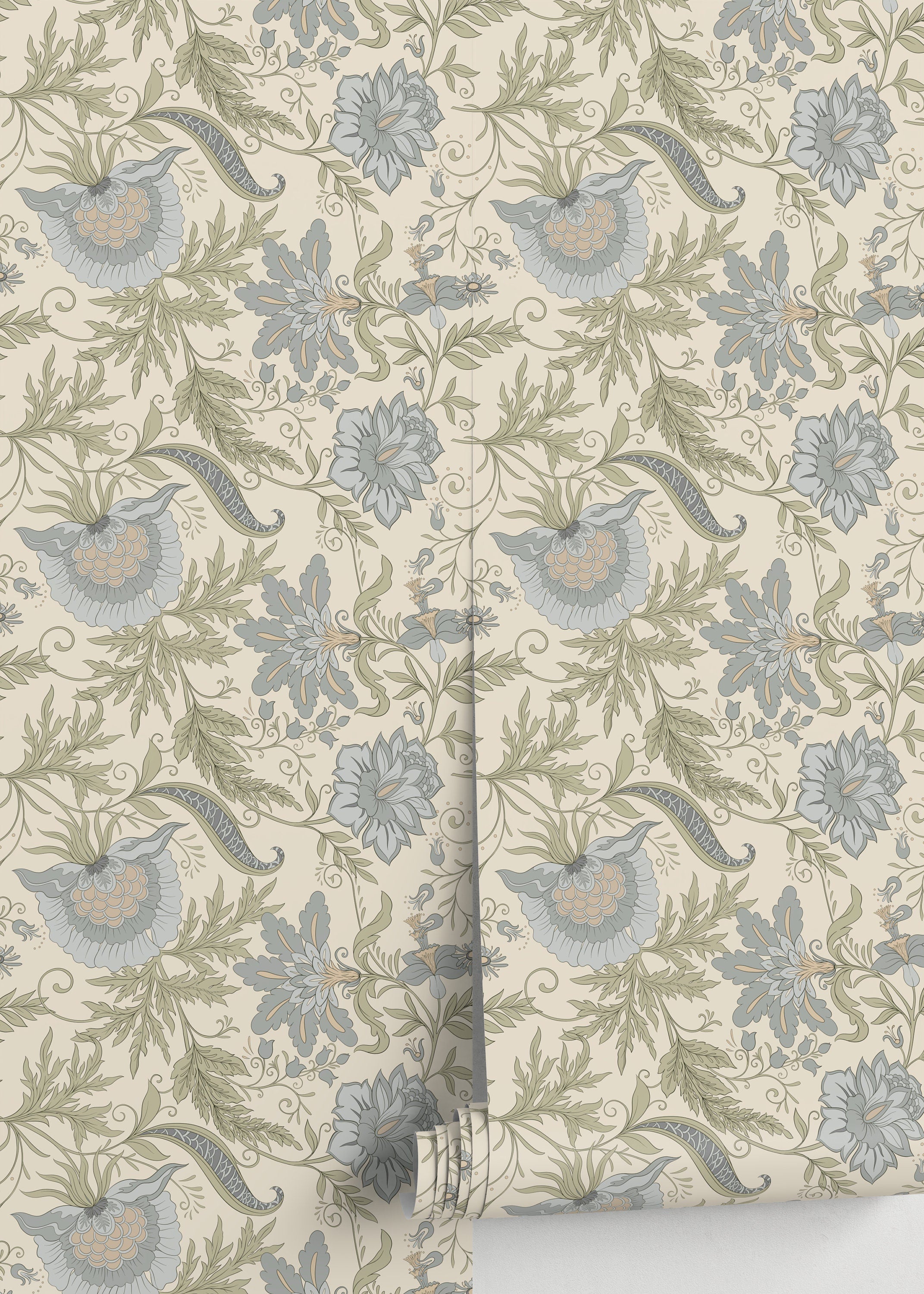 Vintage Floral Wallpaper Featuring A Jacobean Motif In Green And Blue - D273