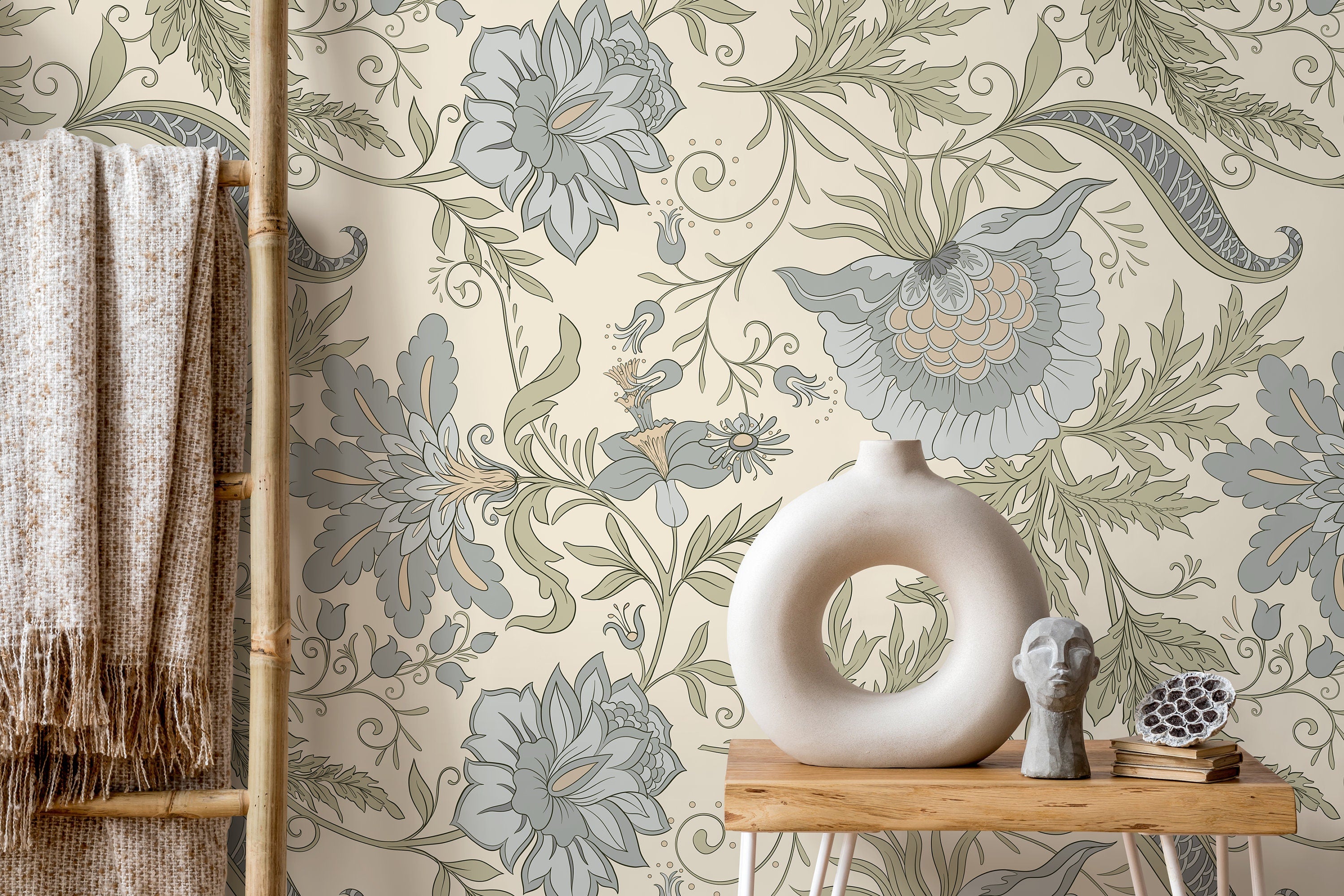 Vintage Floral Wallpaper Featuring A Jacobean Motif In Green And Blue - D273