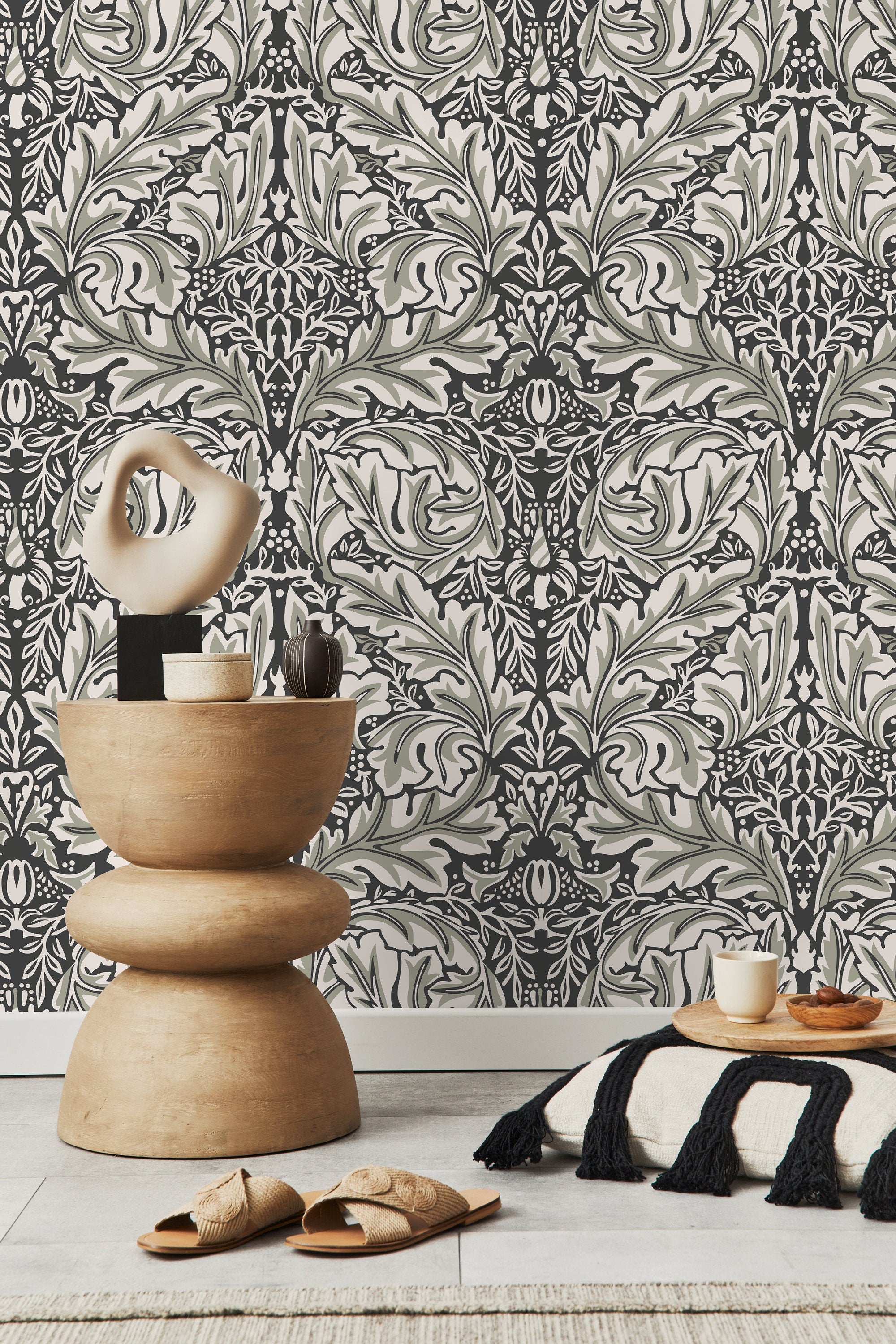 Victorian Wallpaper With A Symmetrical Leaf Motif In Green, Black, And Cream - D266