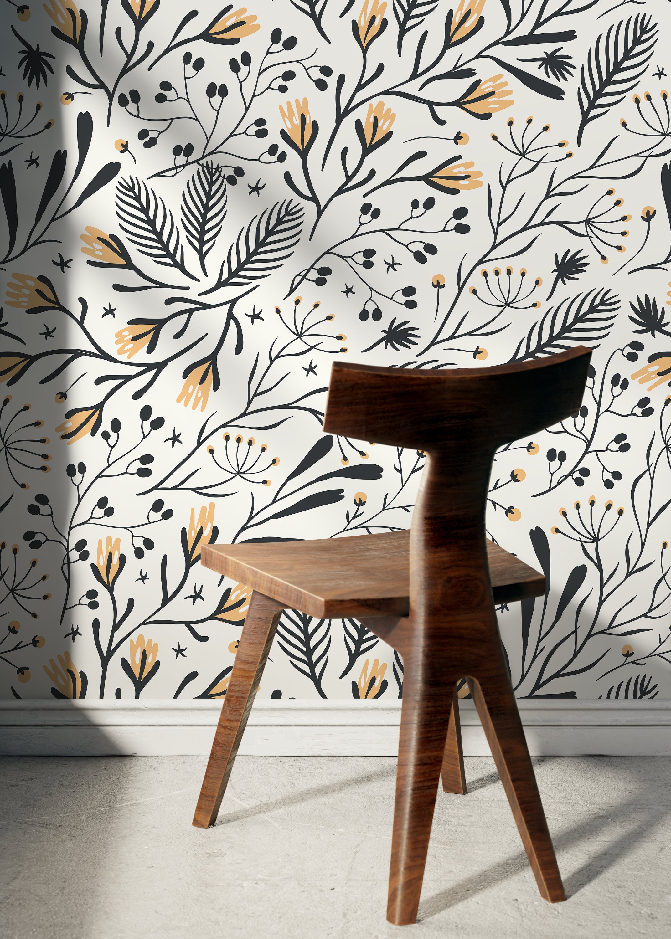 Botanical Wallpaper With Stylized Folk Art Botanicals In Black And Yellow - D280