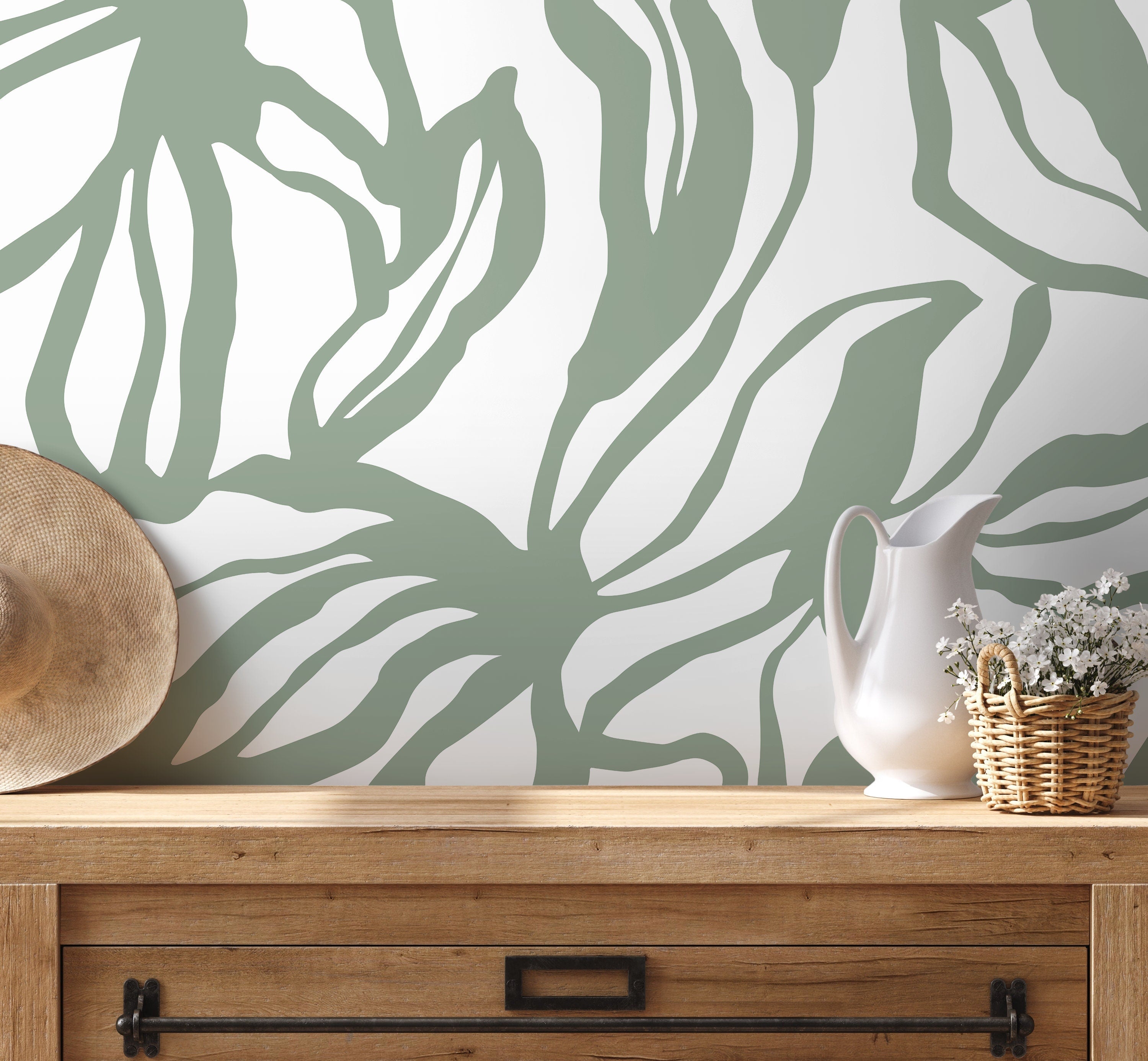 Abstract Botanical Wallpaper With Stylized Leaves In Sage Green - D288