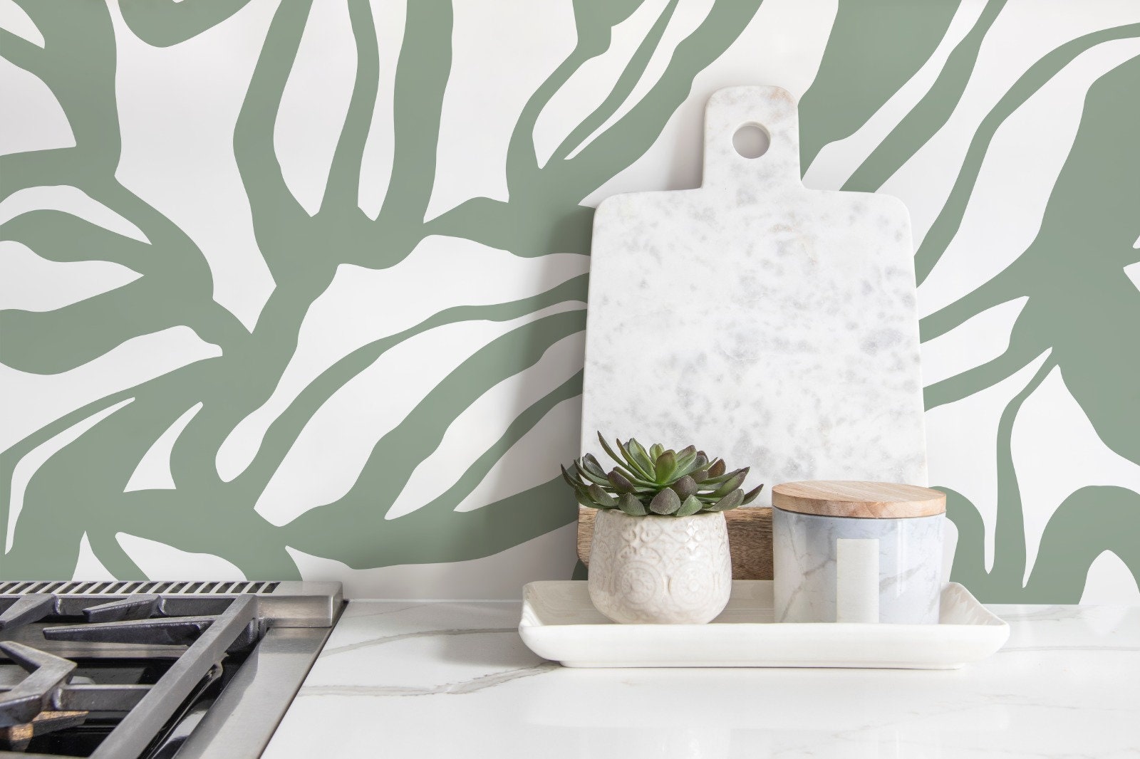 Abstract Botanical Wallpaper With Stylized Leaves In Sage Green - D288