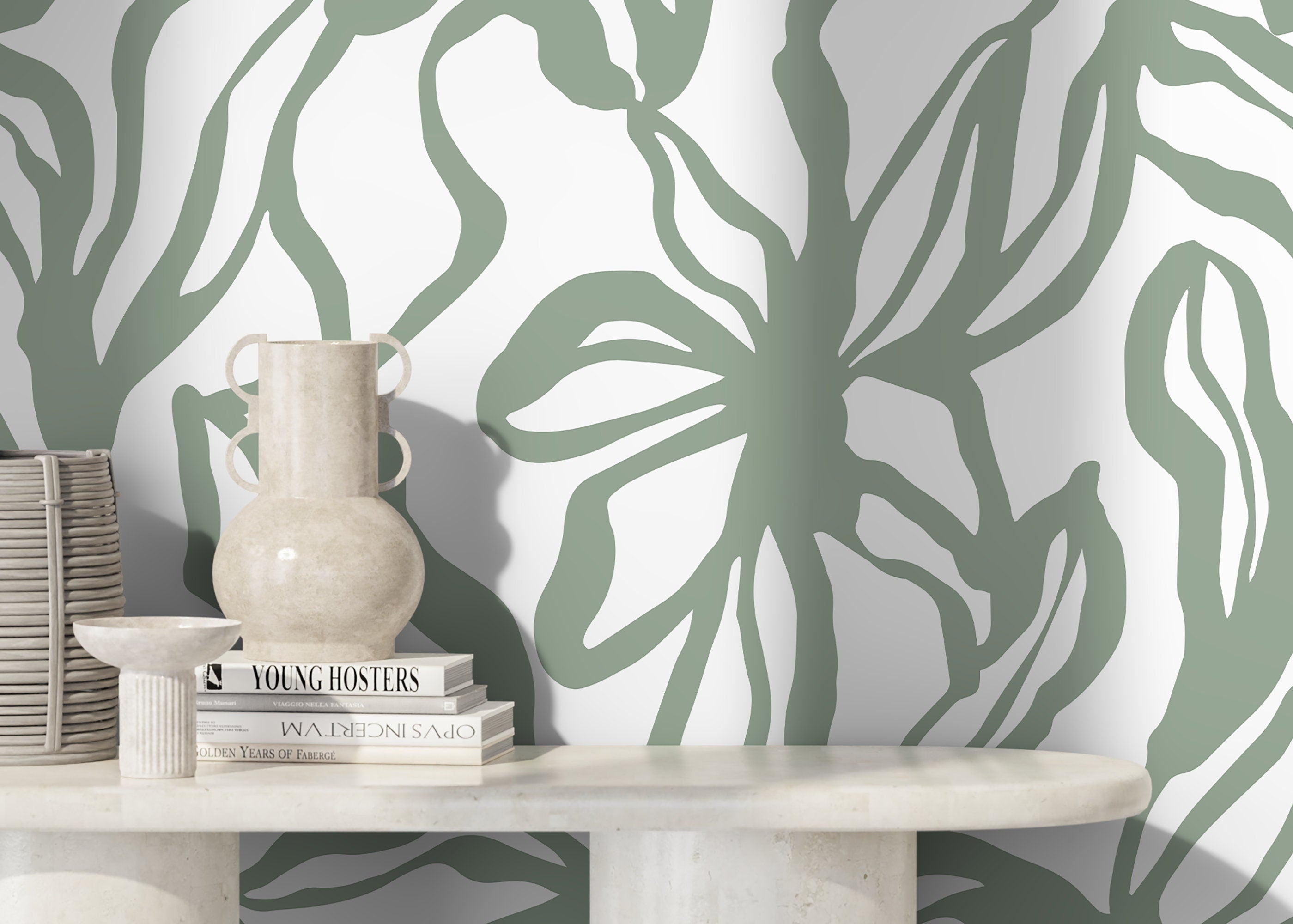 Abstract Botanical Wallpaper With Stylized Leaves In Sage Green - D288