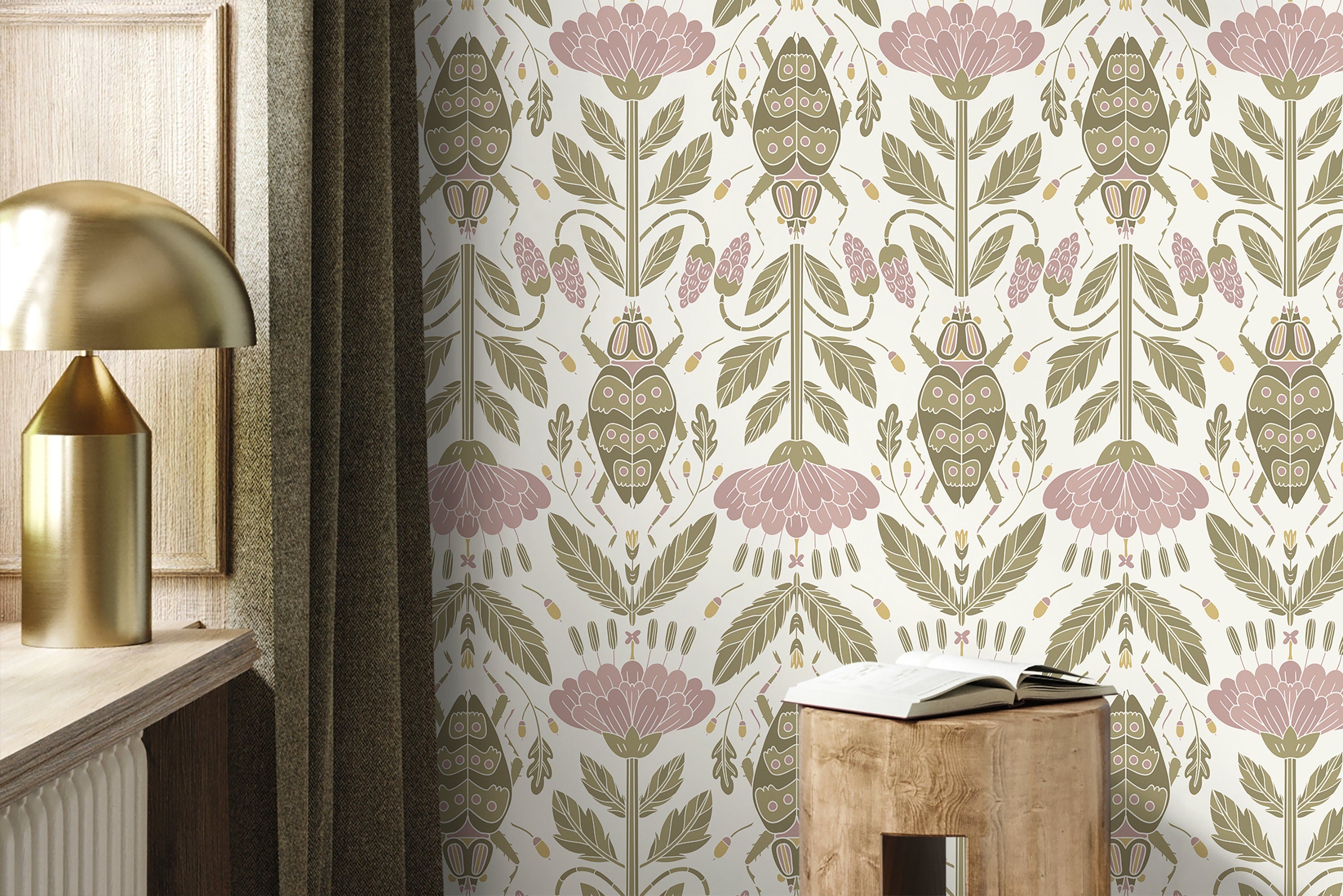 Floral Wallpaper With An Art Nouveau Beetle Motif In Pink And Green - D298