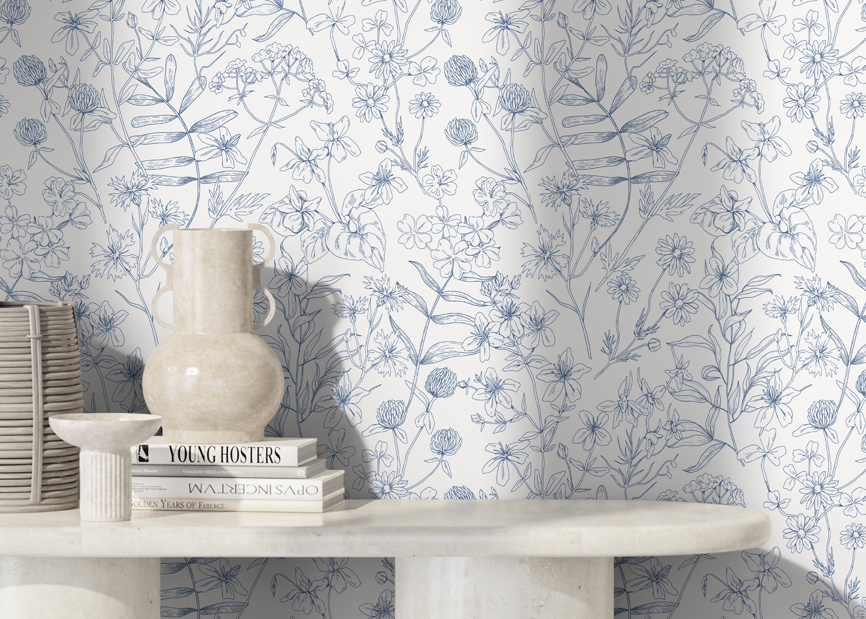 Floral Wallpaper Featuring Hand-drawn Wildflowers In Blue - D307