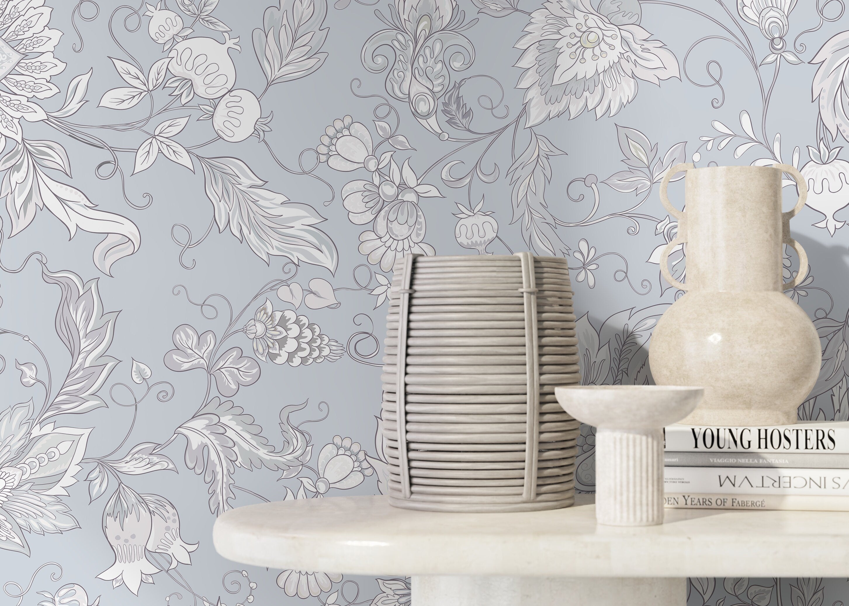 Floral Wallpaper With A Vintage Botanical Motif In Light Blue, White, And Grey - D276