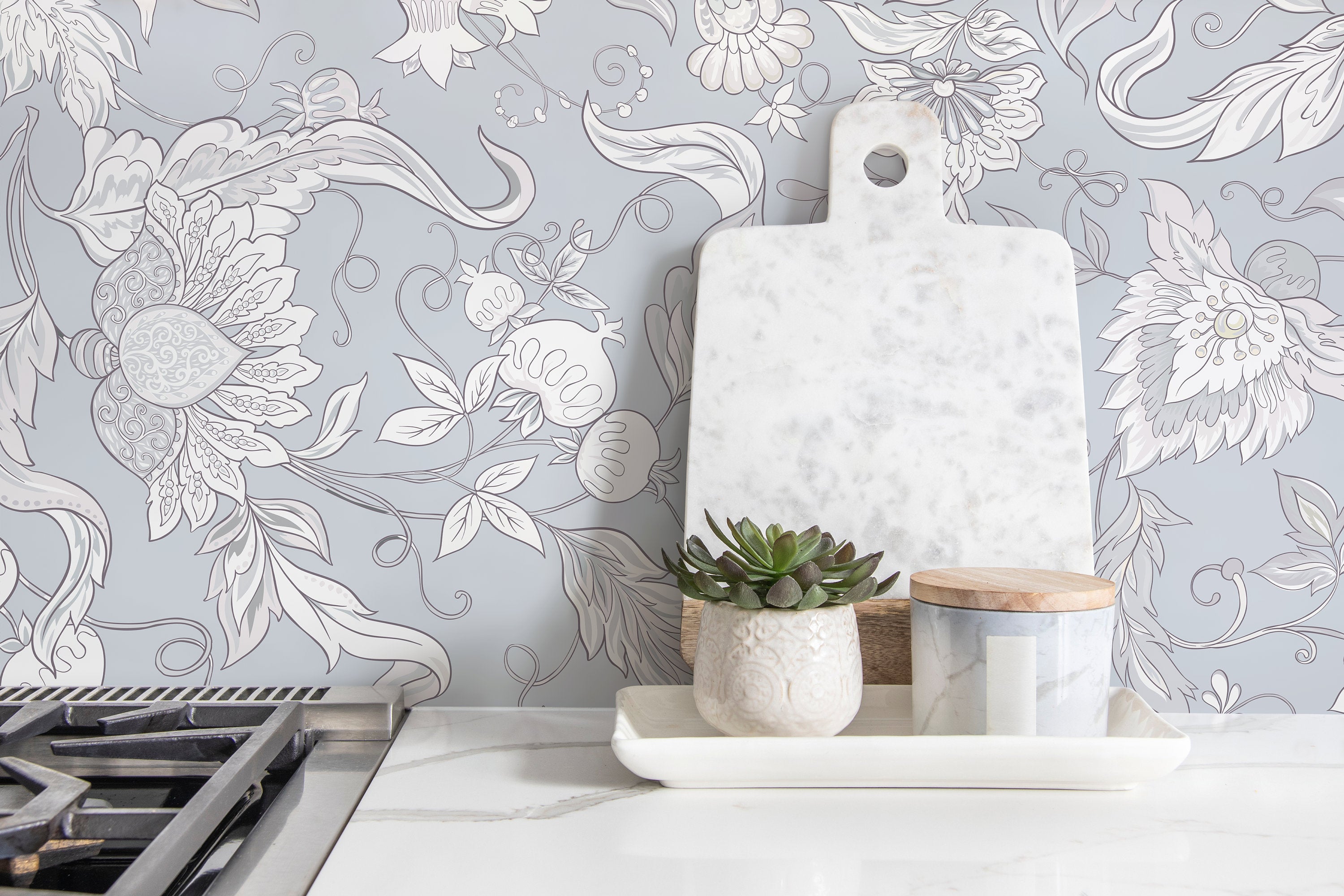Floral Wallpaper With A Vintage Botanical Motif In Light Blue, White, And Grey - D276