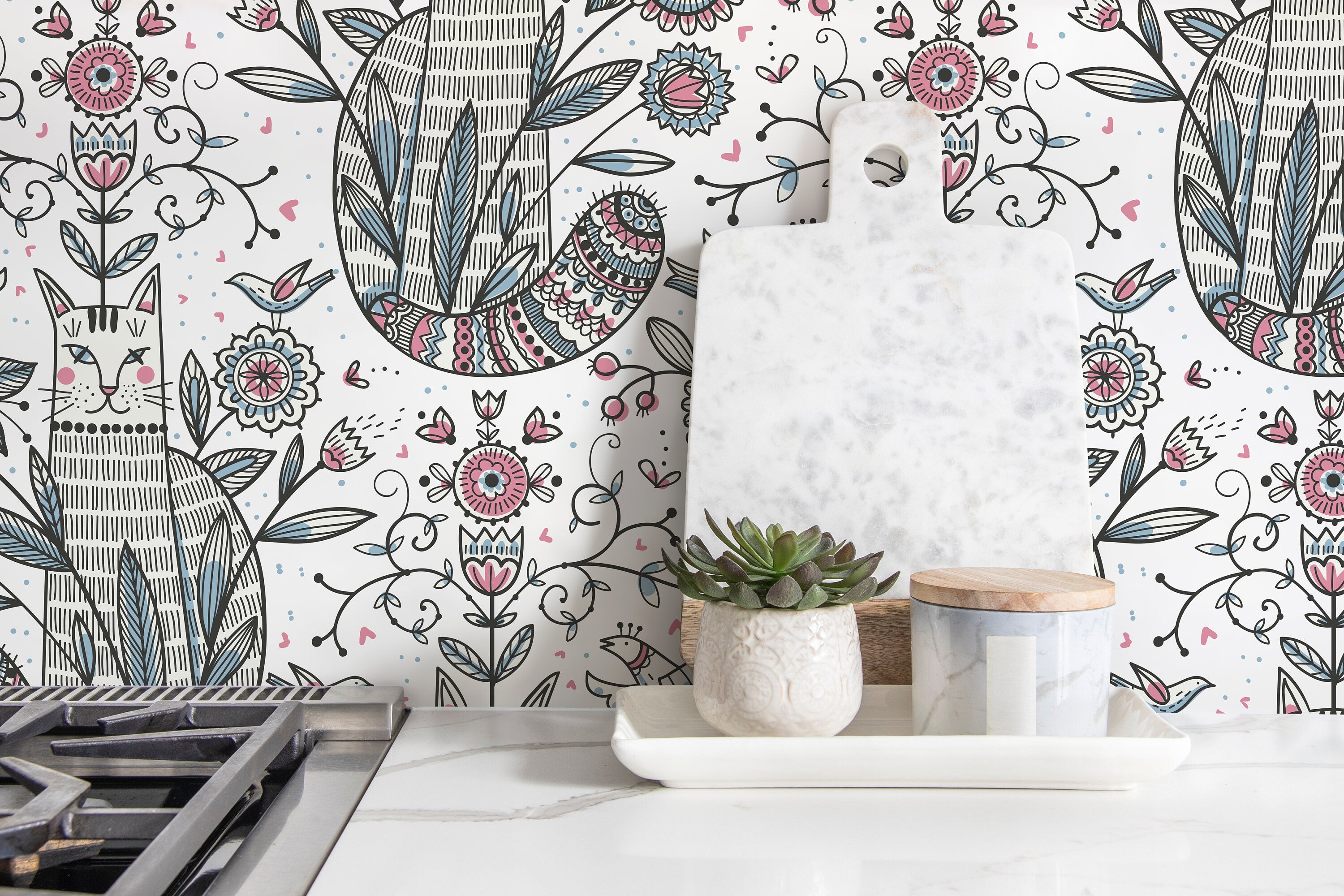 Folk Art Wallpaper With Whimsical Cats And Birds In Pink, Blue, And Black - D295