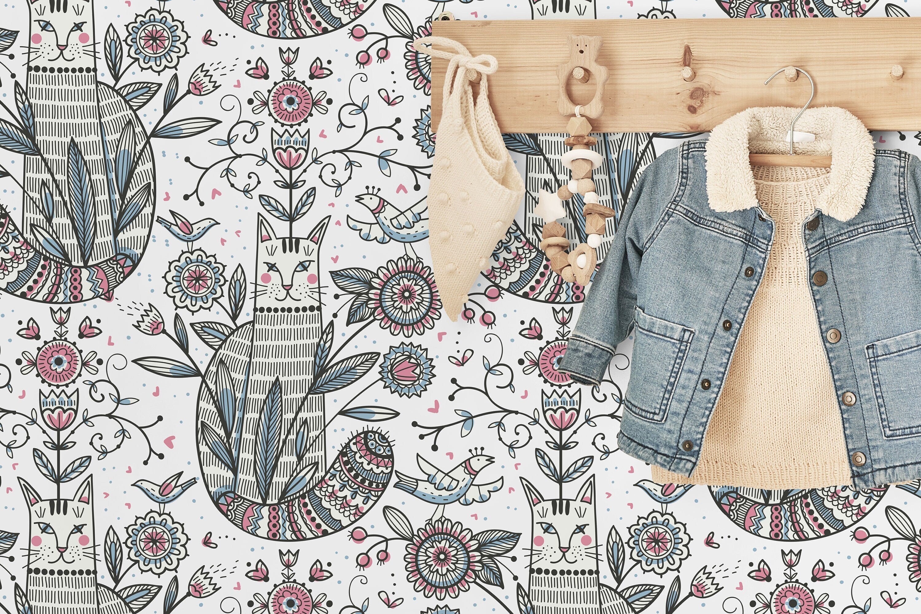 Folk Art Wallpaper With Whimsical Cats And Birds In Pink, Blue, And Black - D295