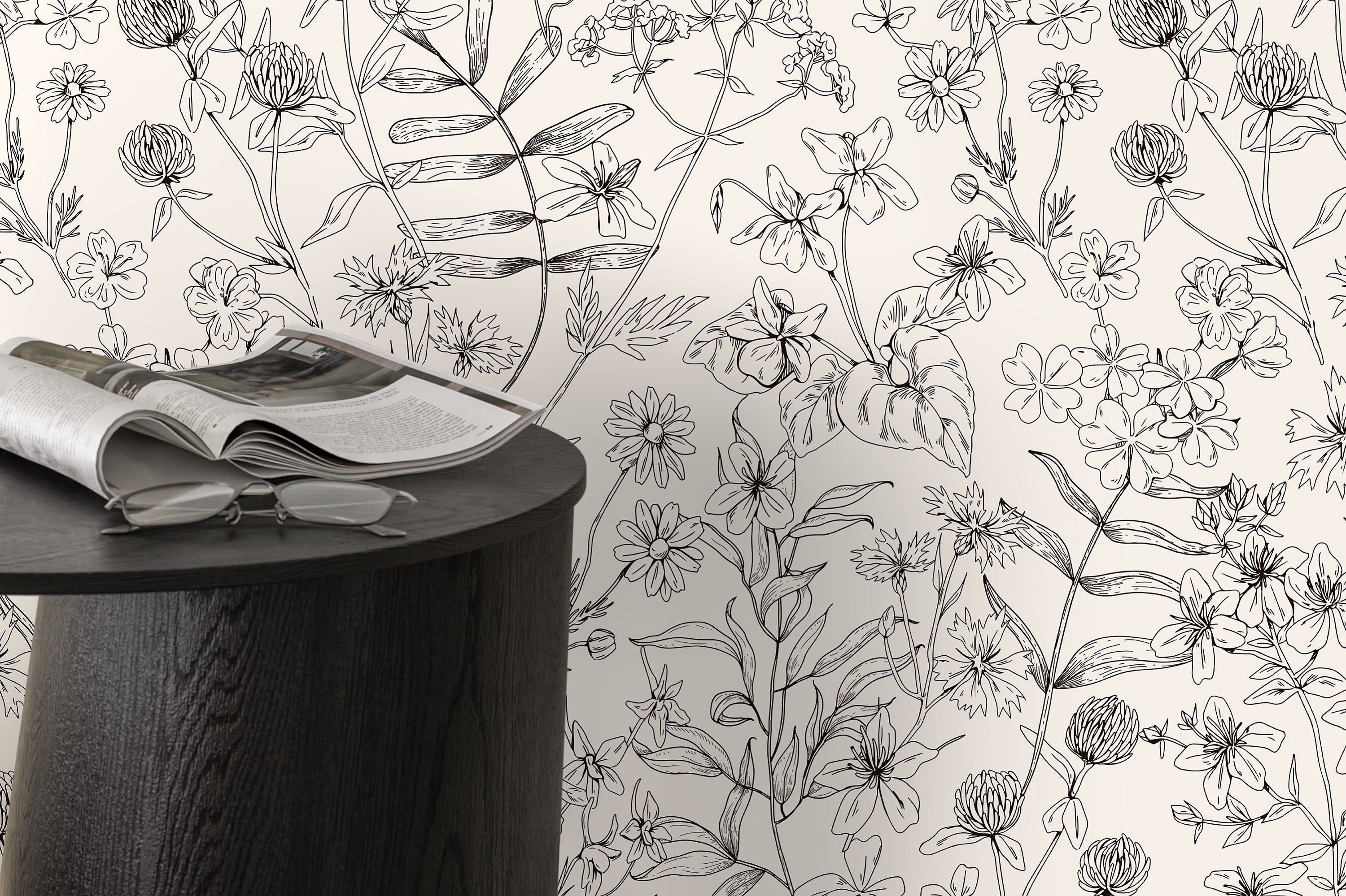 Botanical Wallpaper With A Wildflower Line Art Motif In Black And White - D306