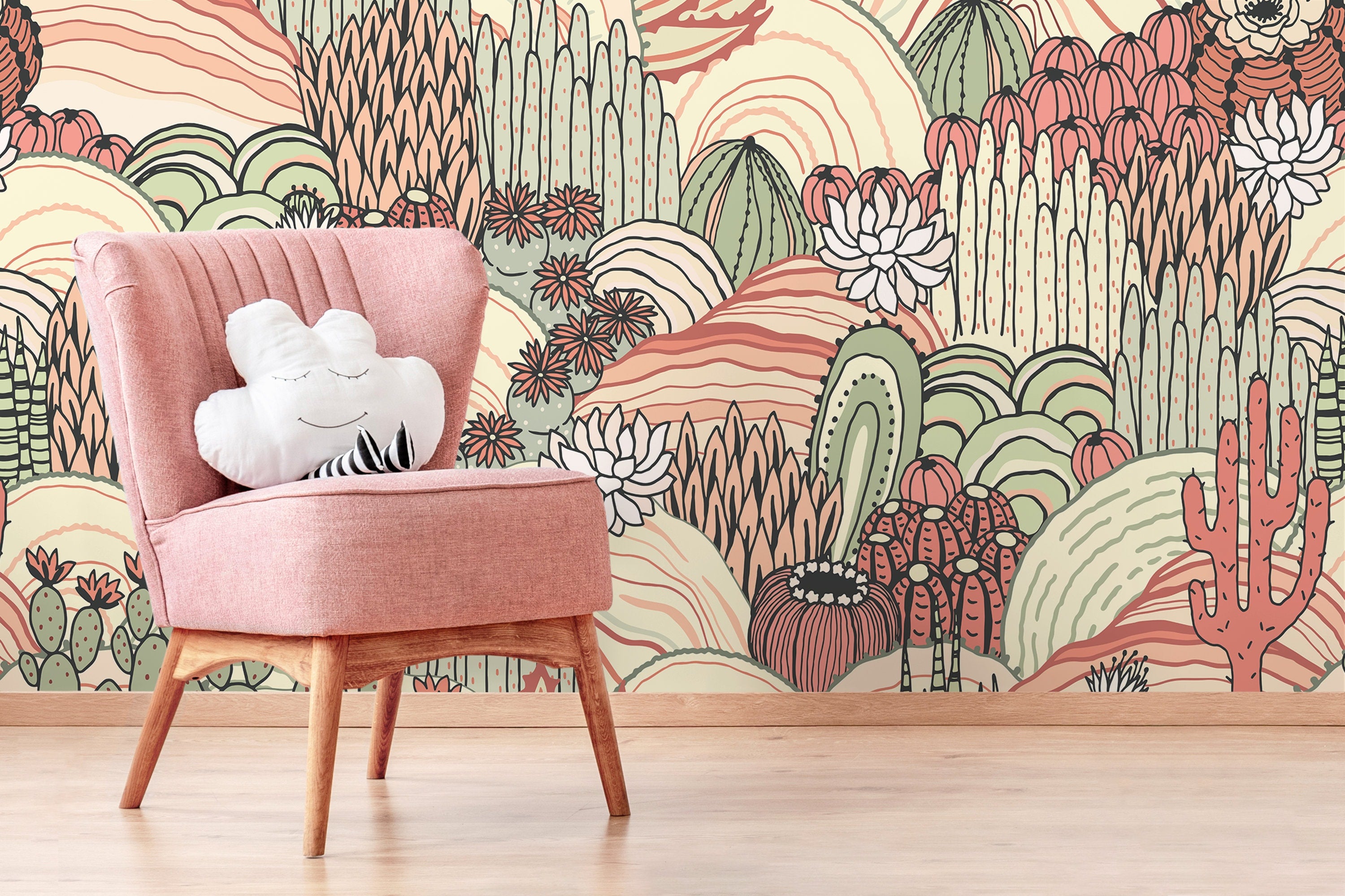 Desert Wallpaper Featuring Cacti And Succulents In Terracotta, Sage, And Cream - D277