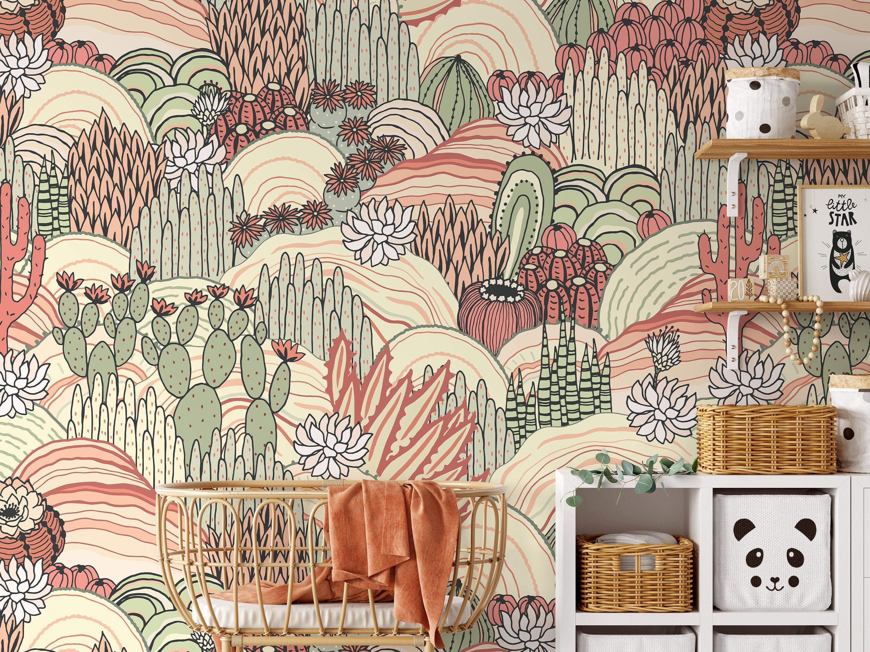 Desert Wallpaper Featuring Cacti And Succulents In Terracotta, Sage, And Cream - D277