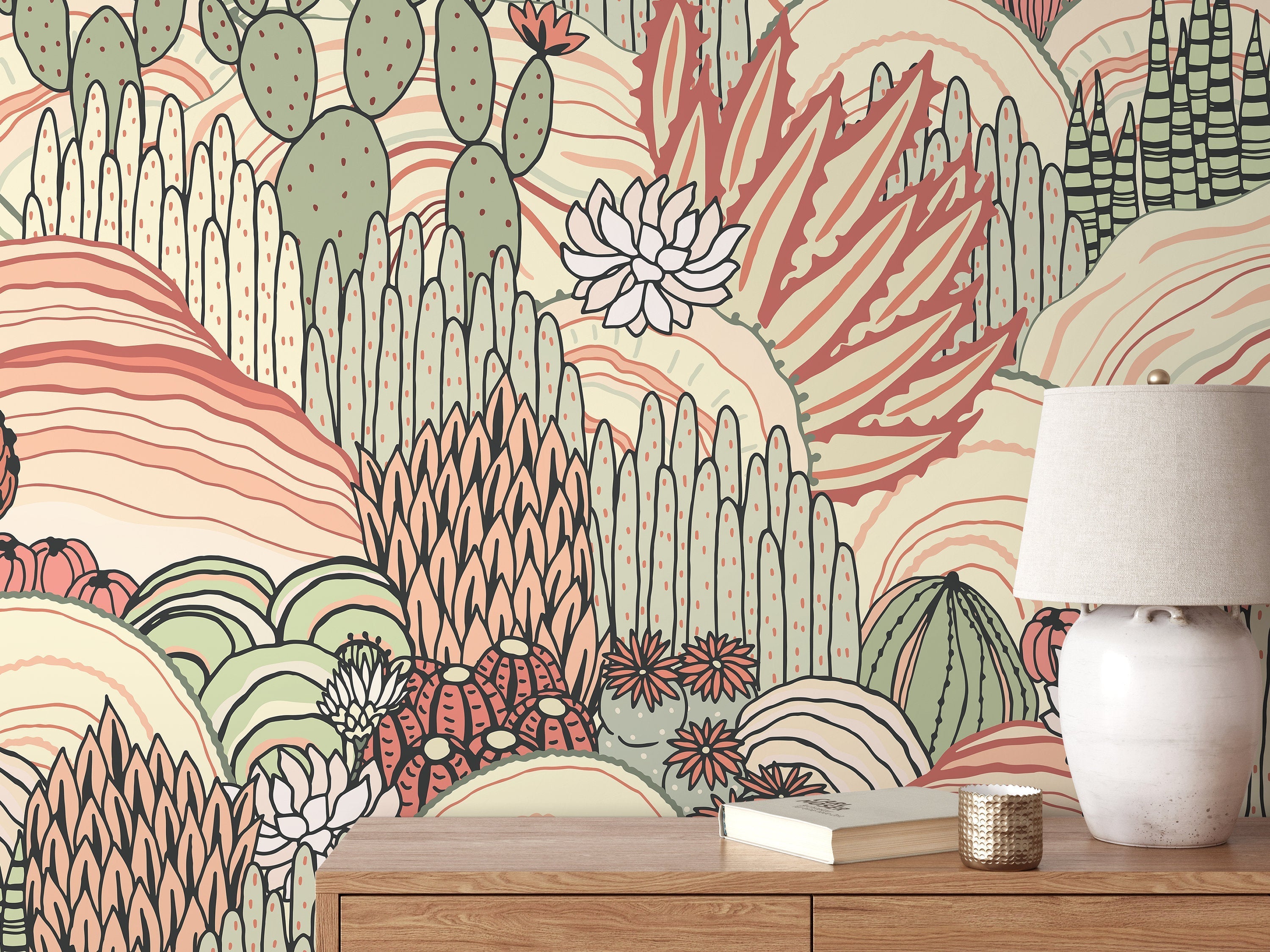 Desert Wallpaper Featuring Cacti And Succulents In Terracotta, Sage, And Cream - D277