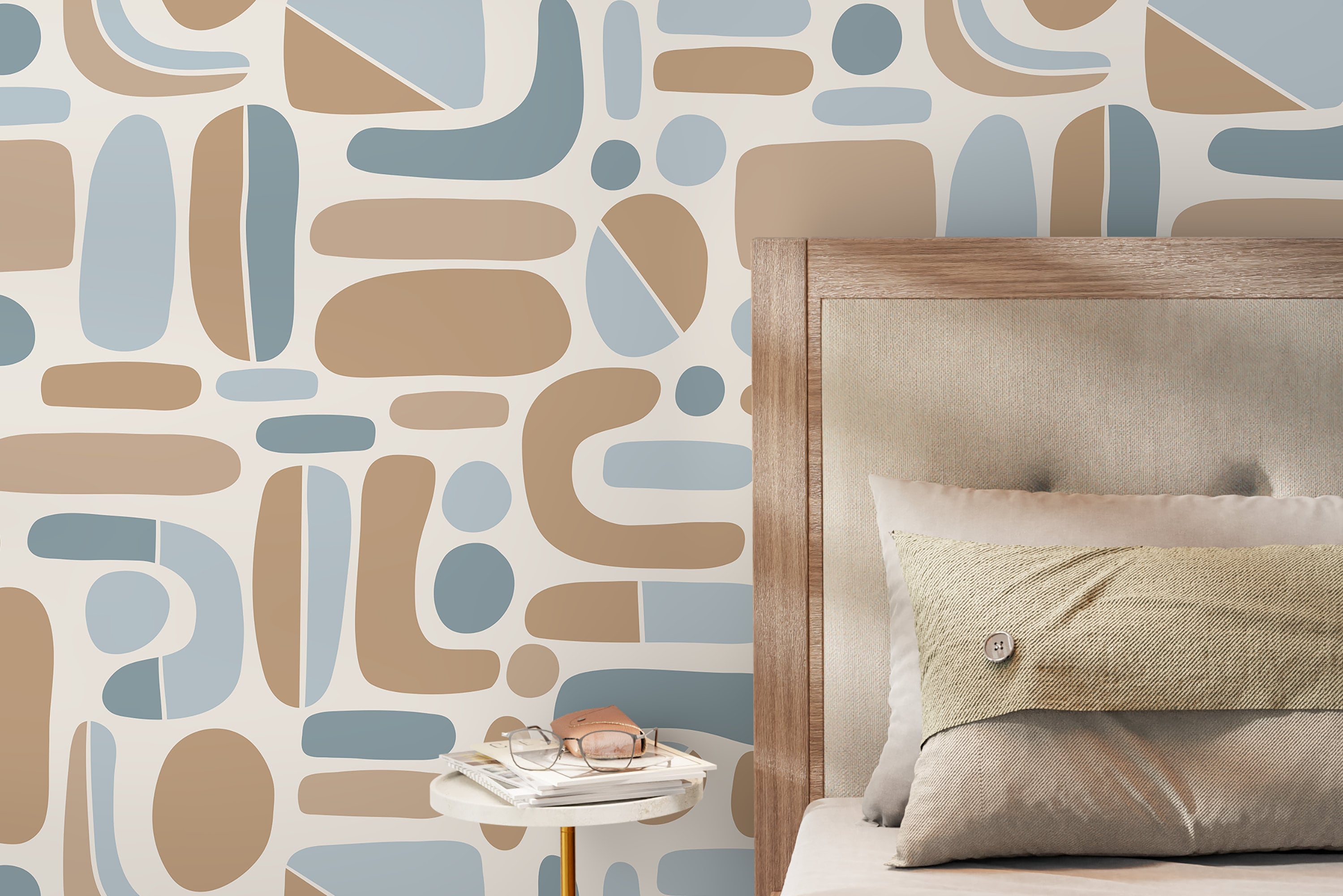 Abstract Wallpaper With Organic Mid-century Shapes In Blue And Tan - D304