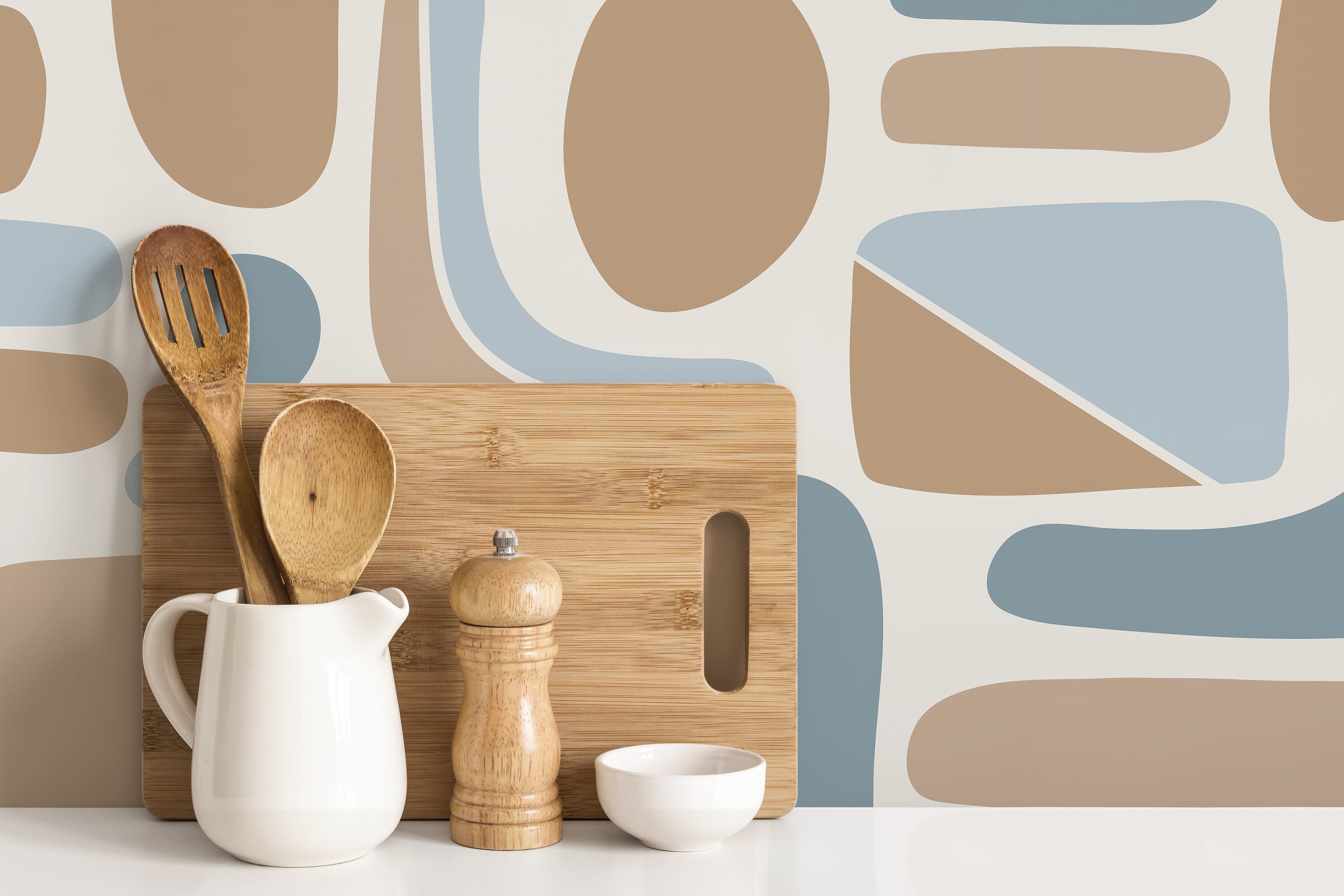 Abstract Wallpaper With Organic Mid-century Shapes In Blue And Tan - D304