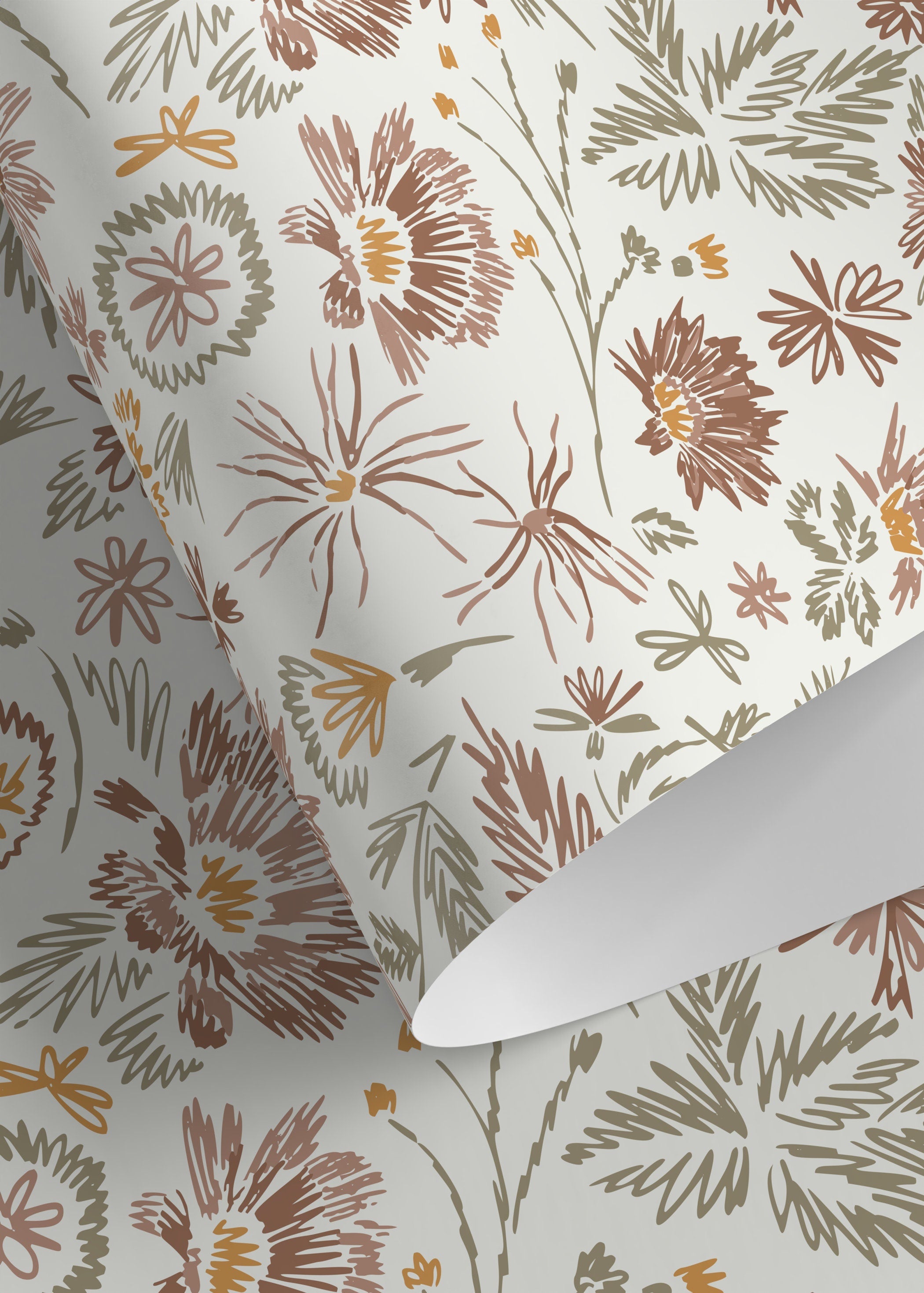 Floral Wallpaper Featuring Hand-drawn Wildflowers In Brown, Green, And Yellow - D320