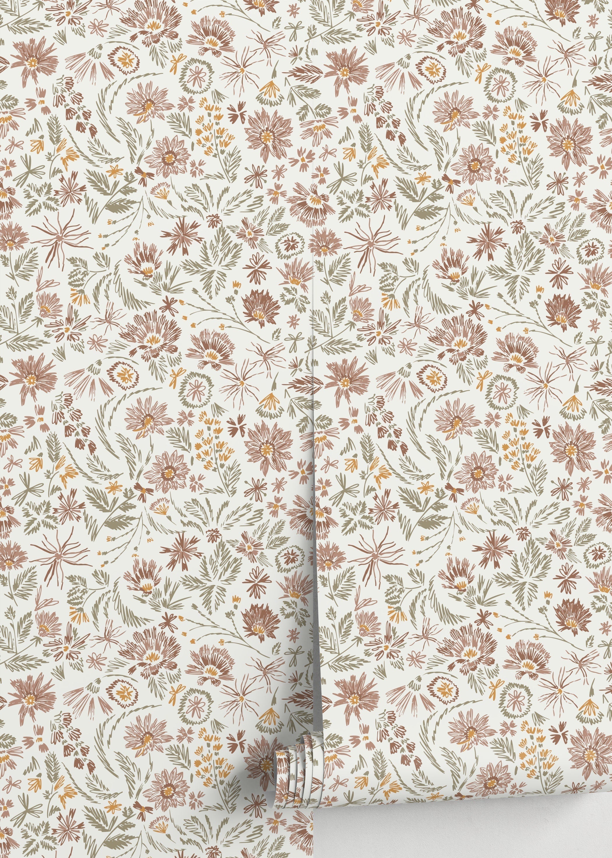 Floral Wallpaper Featuring Hand-drawn Wildflowers In Brown, Green, And Yellow - D320