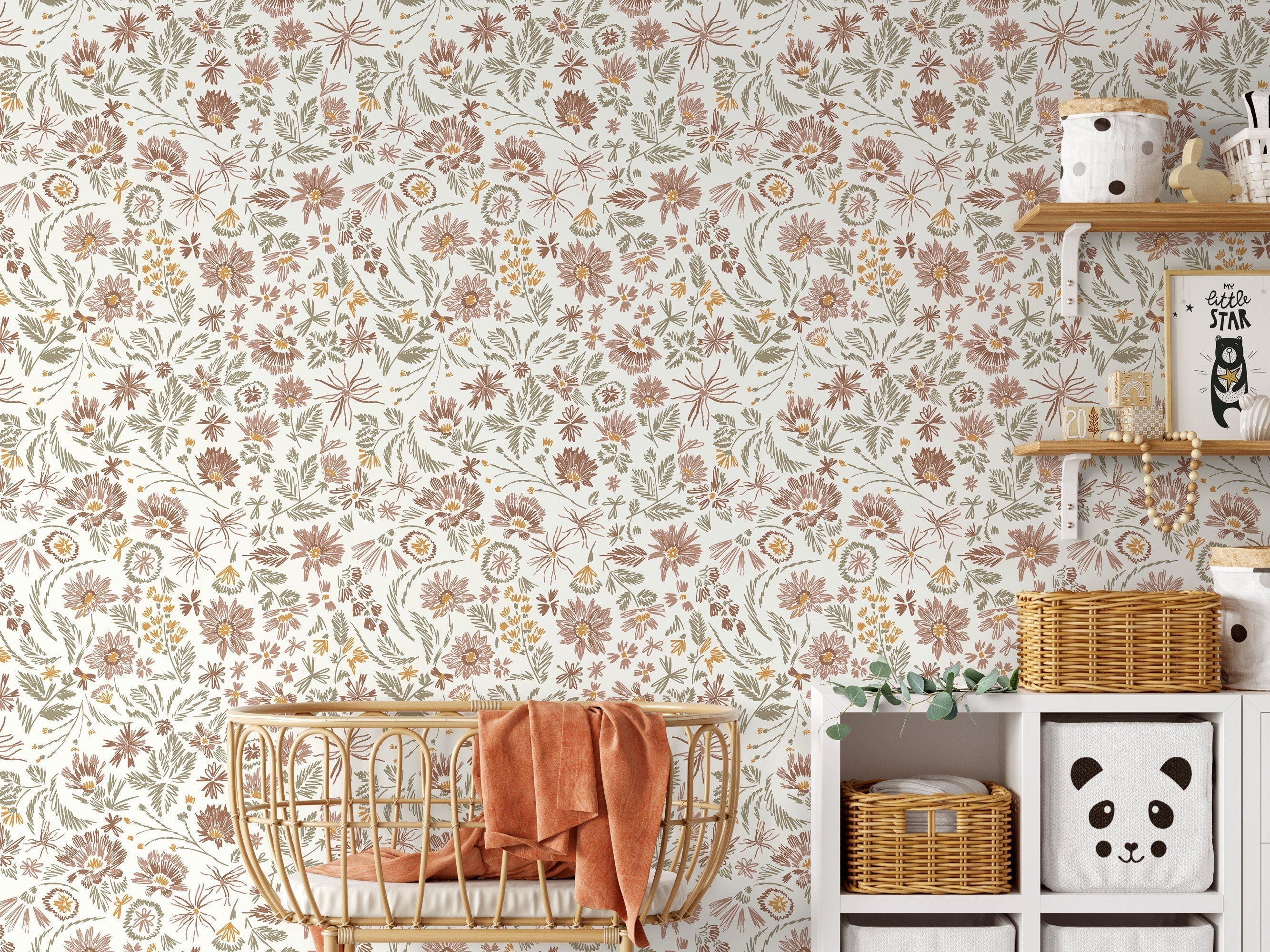 Floral Wallpaper Featuring Hand-drawn Wildflowers In Brown, Green, And Yellow - D320