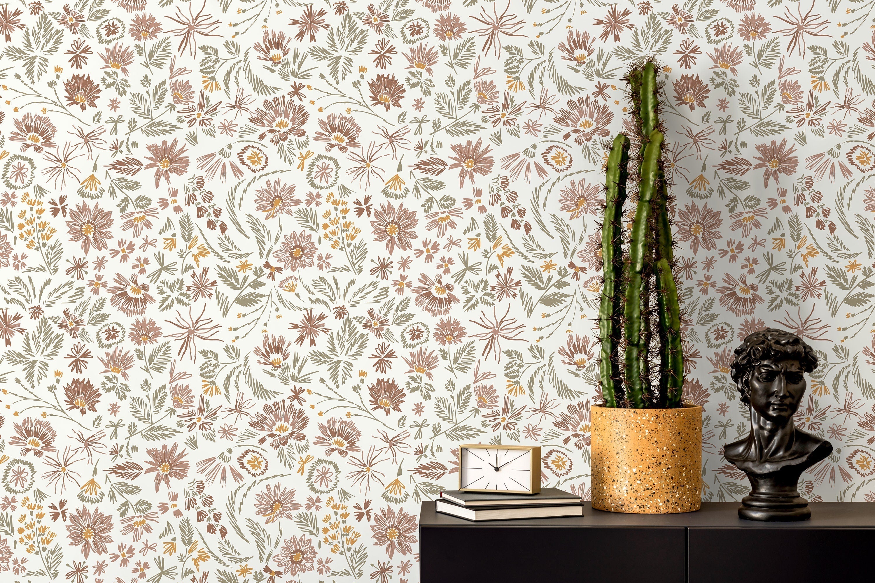 Floral Wallpaper Featuring Hand-drawn Wildflowers In Brown, Green, And Yellow - D320