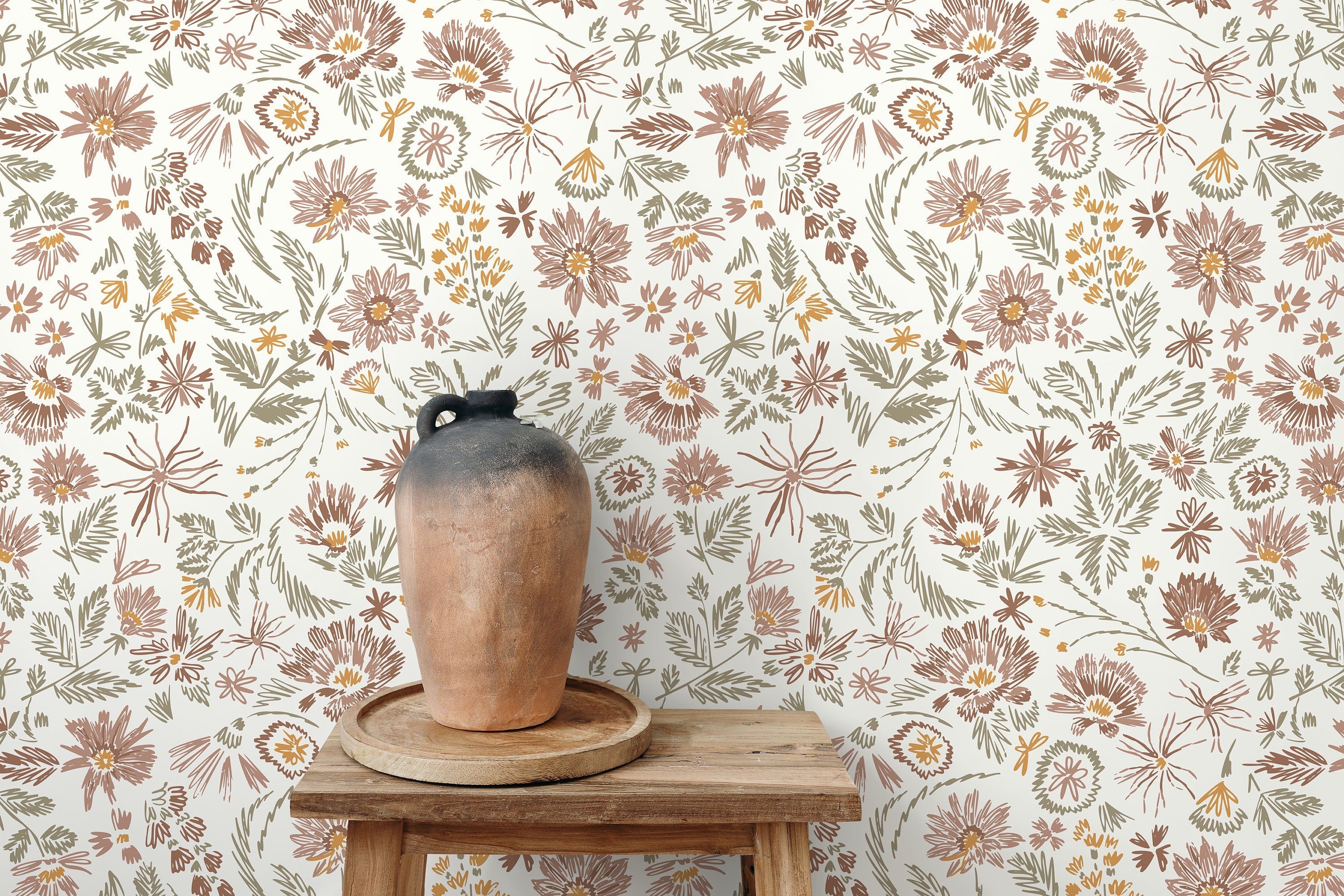 Floral Wallpaper Featuring Hand-drawn Wildflowers In Brown, Green, And Yellow - D320