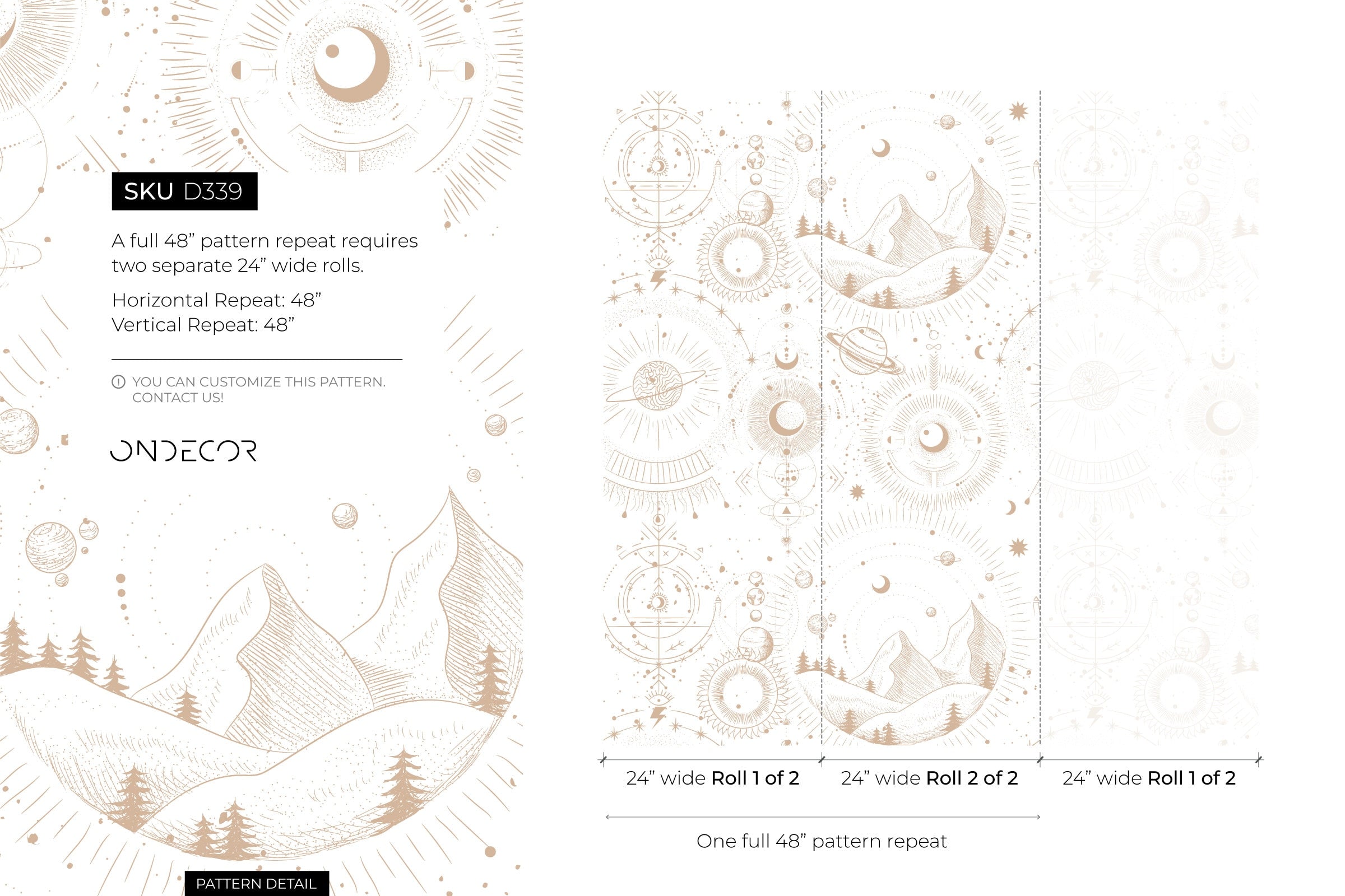 Celestial Wallpaper With Mystical Mountains And Planets In Beige - D339