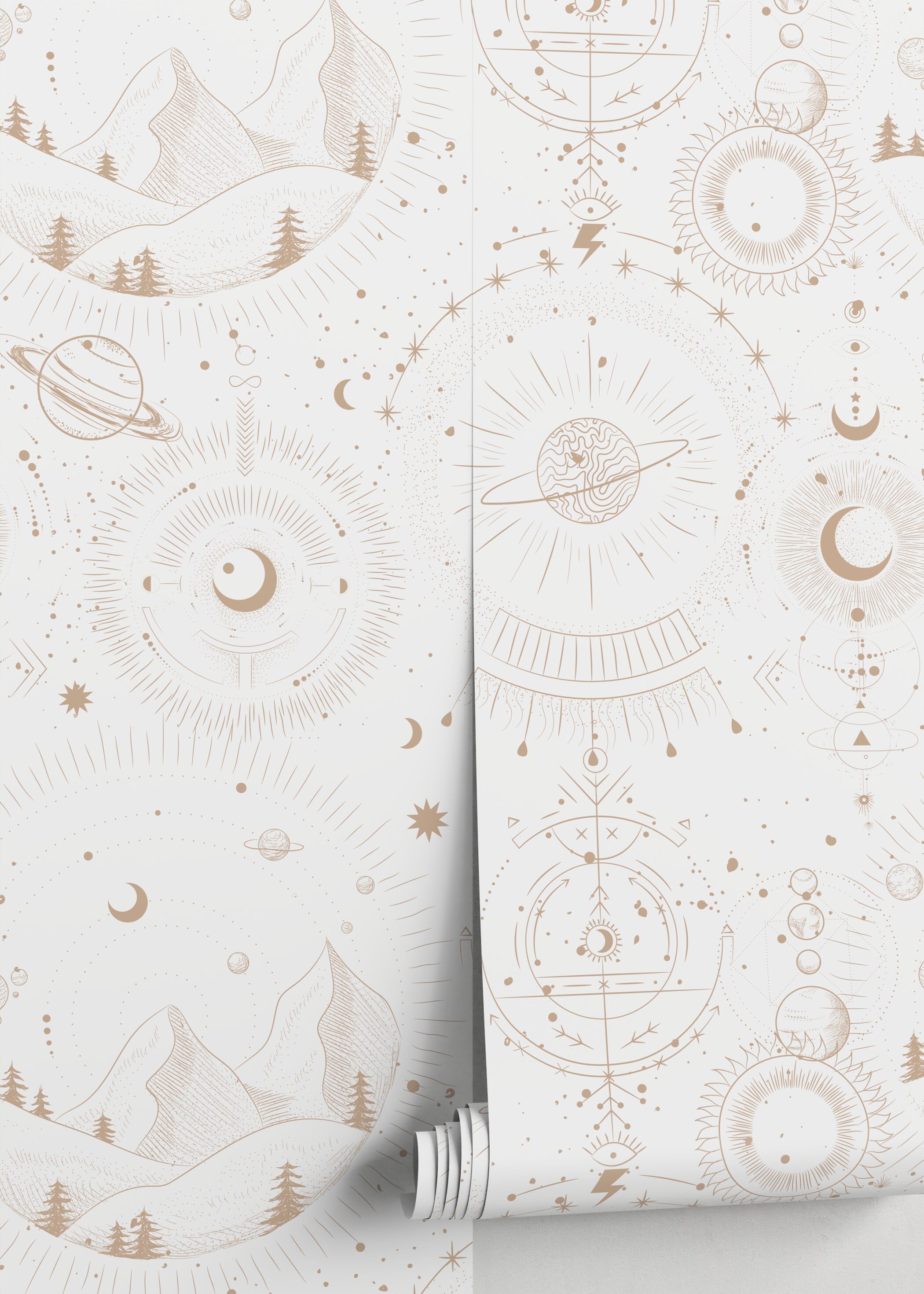 Celestial Wallpaper With Mystical Mountains And Planets In Beige - D339