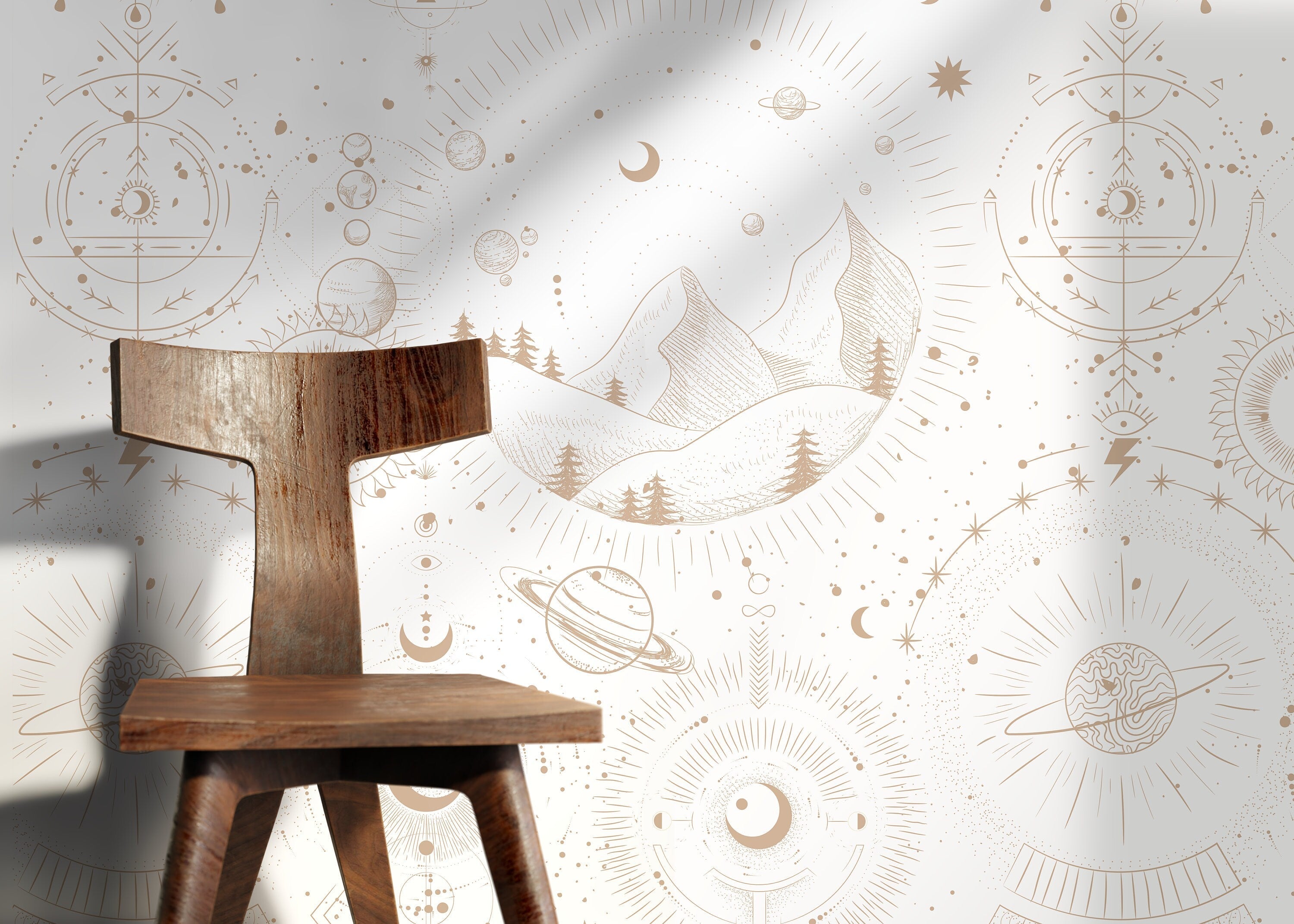 Celestial Wallpaper With Mystical Mountains And Planets In Beige - D339