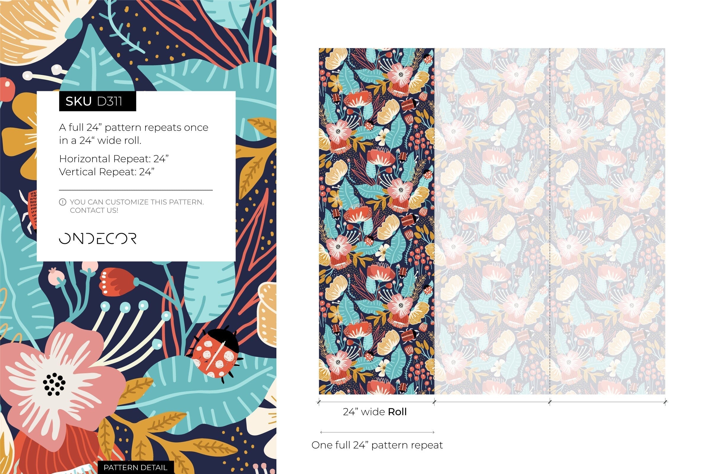 Floral Wallpaper With A Folk Art Garden In Red, Teal, And Yellow - D311