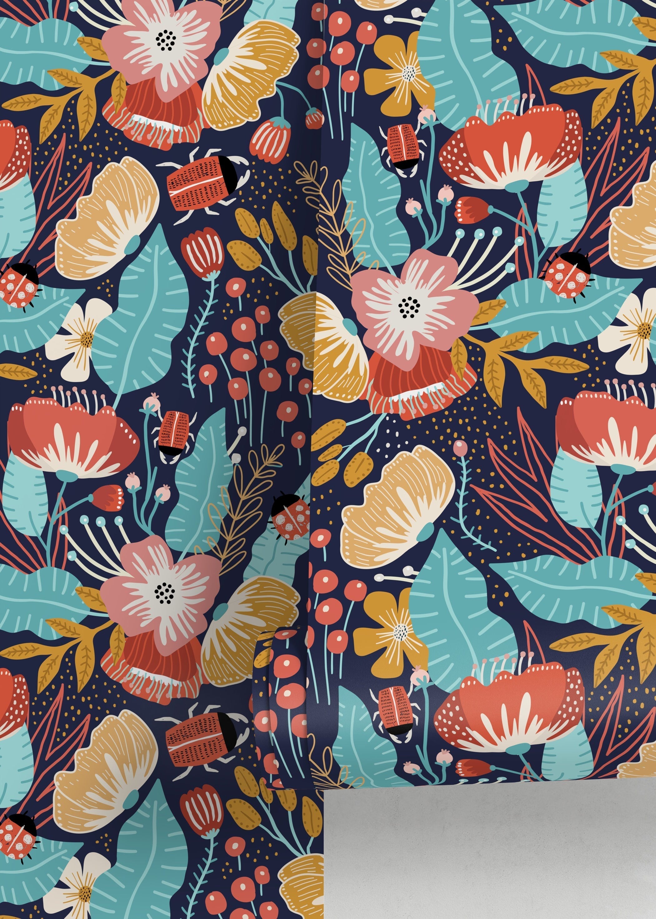 Floral Wallpaper With A Folk Art Garden In Red, Teal, And Yellow - D311