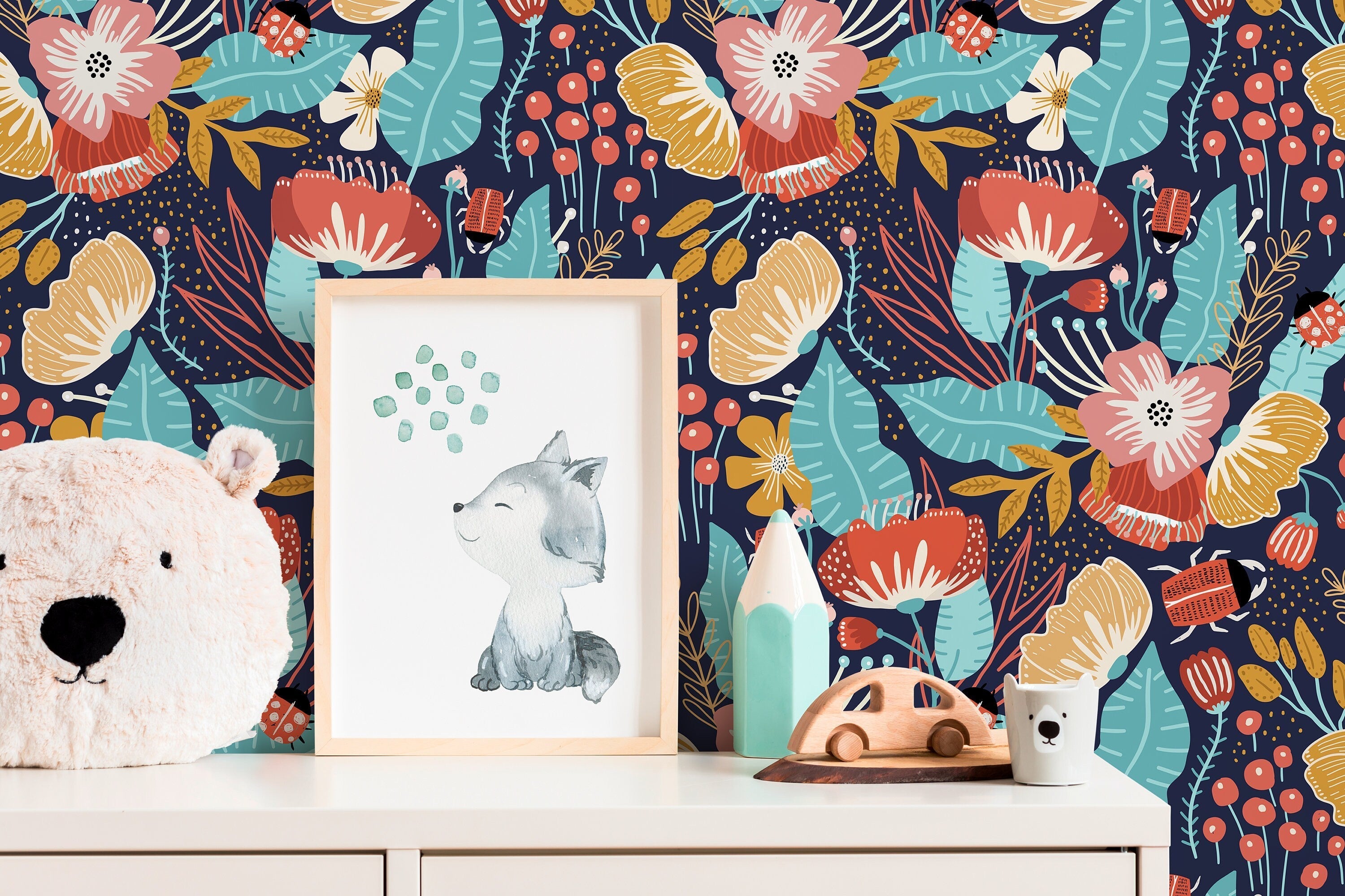 Floral Wallpaper With A Folk Art Garden In Red, Teal, And Yellow - D311