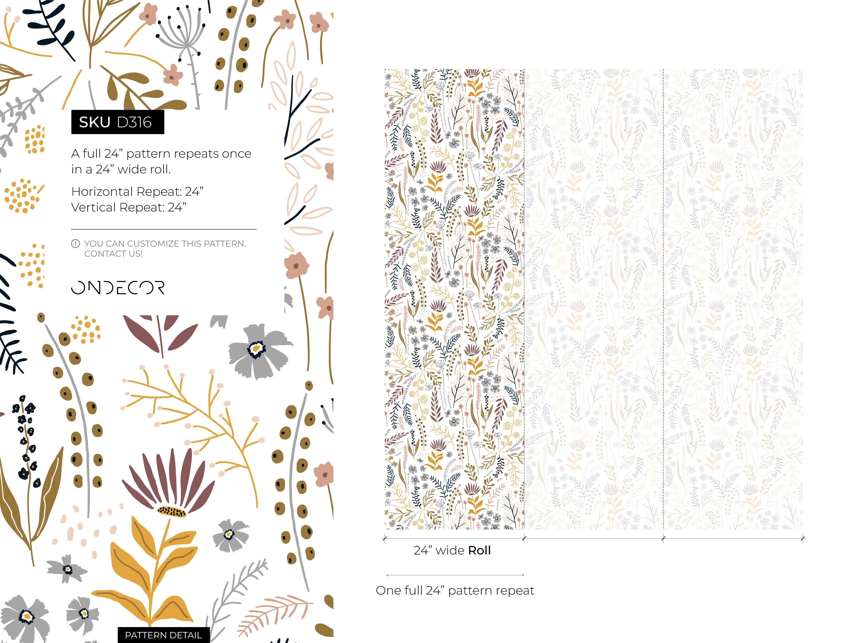 Botanical Wallpaper With A Folk Art Wildflower Motif In Mustard, Mauve, And Gray - D316
