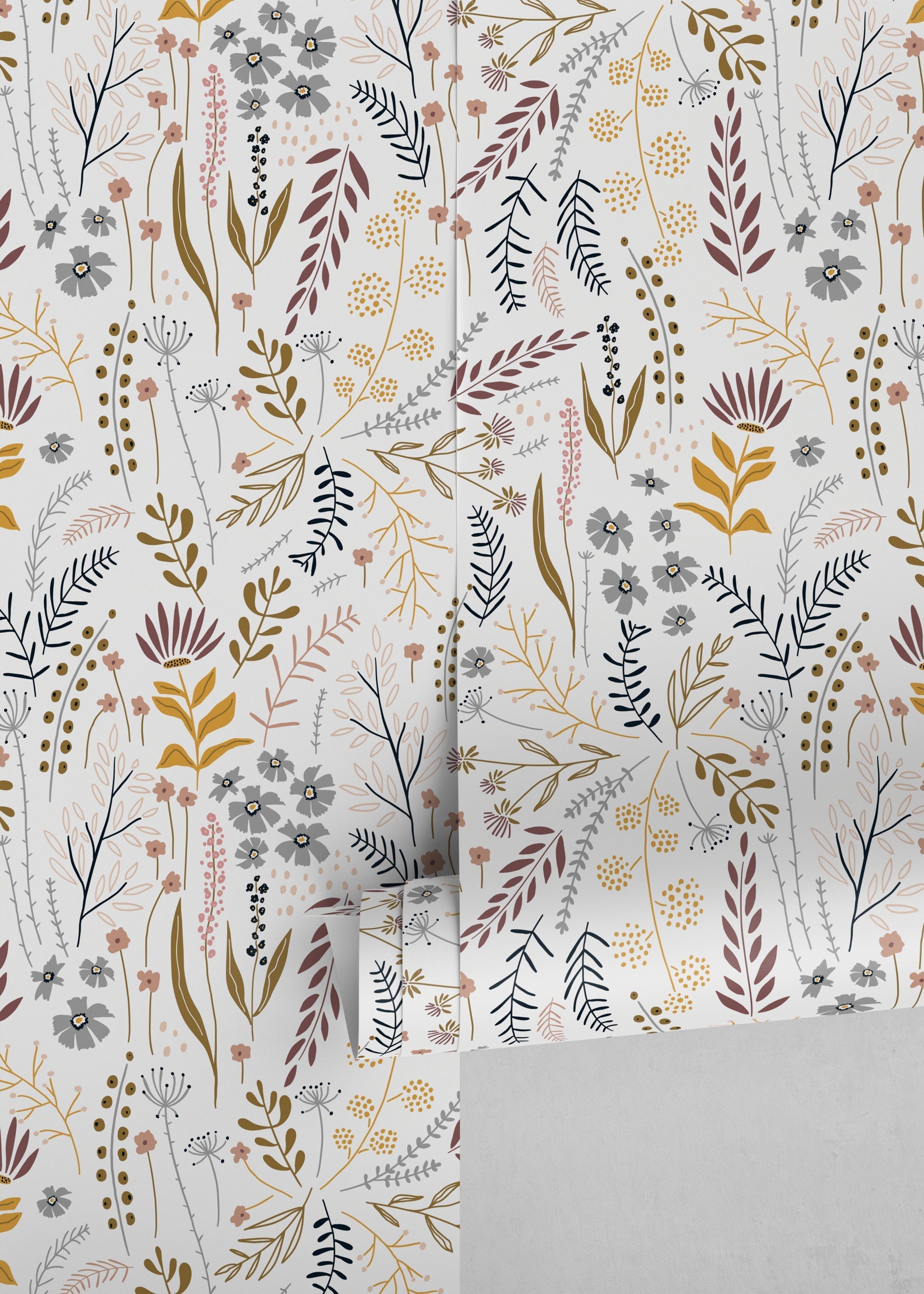 Botanical Wallpaper With A Folk Art Wildflower Motif In Mustard, Mauve, And Gray - D316