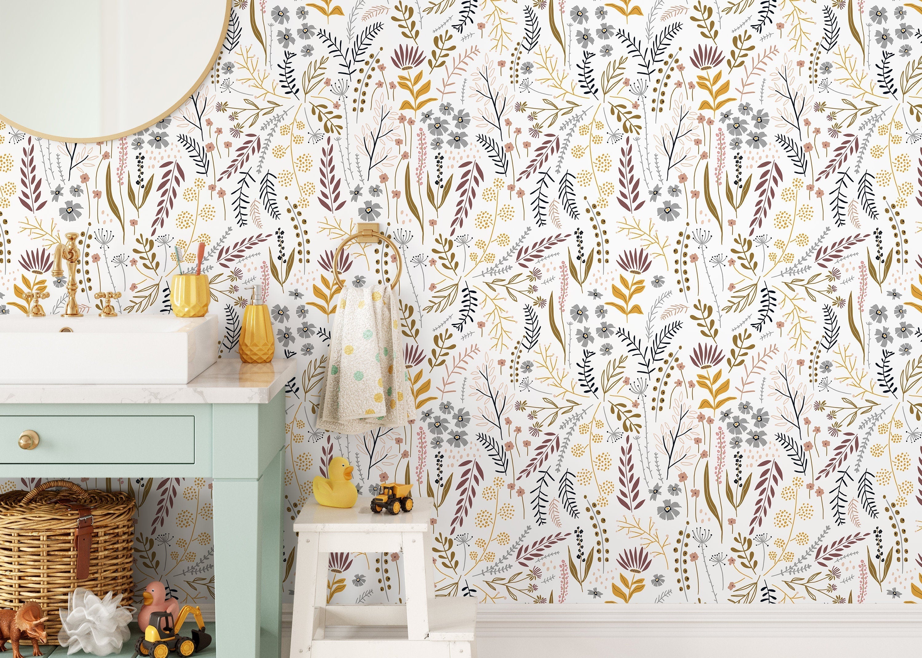 Botanical Wallpaper With A Folk Art Wildflower Motif In Mustard, Mauve, And Gray - D316