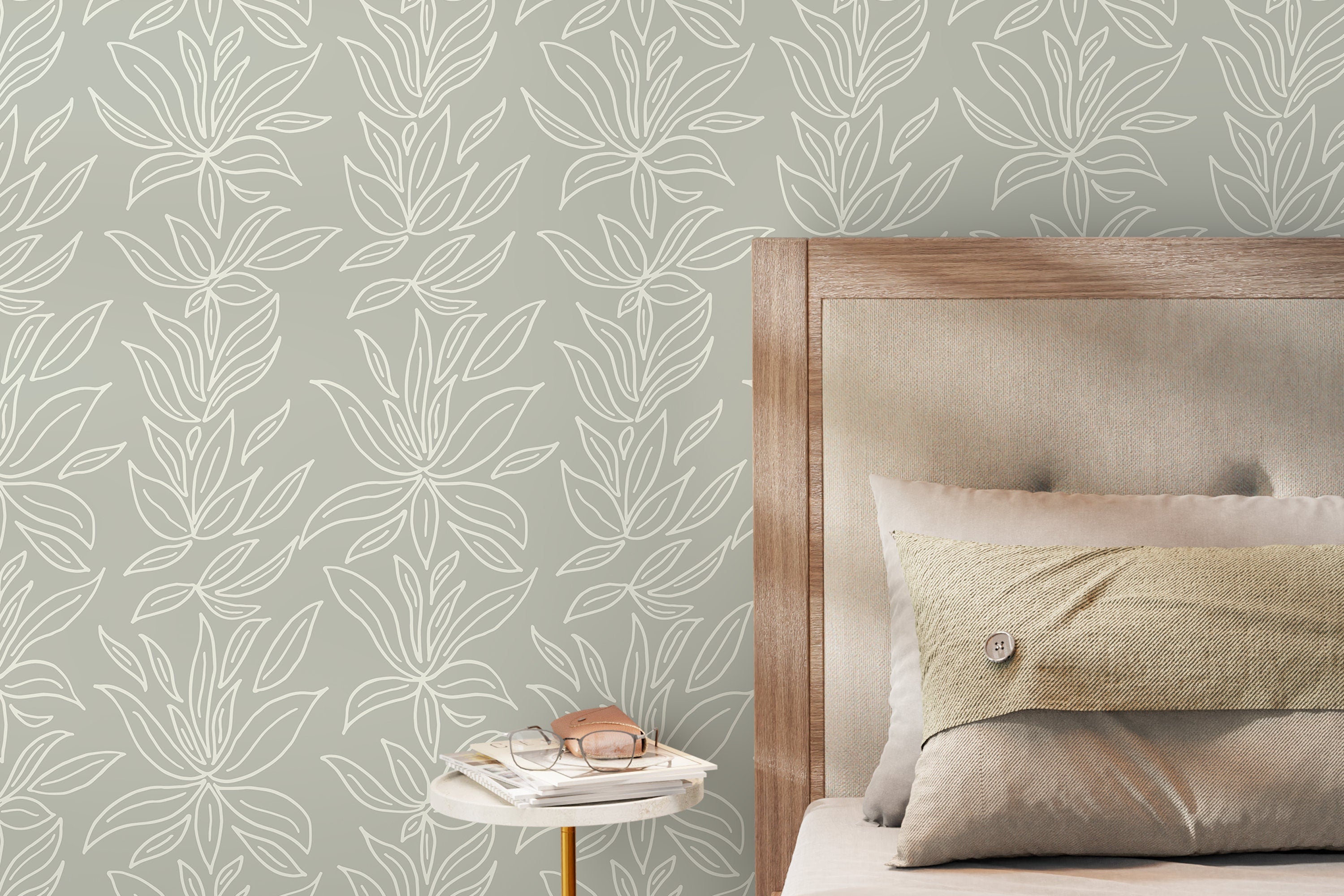 Botanical Wallpaper With A Minimalist Leaf Motif In Sage Green And White - D329
