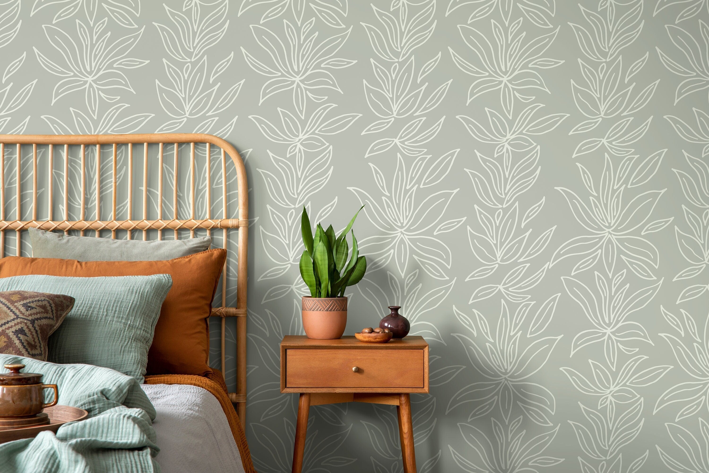 Botanical Wallpaper With A Minimalist Leaf Motif In Sage Green And White - D329
