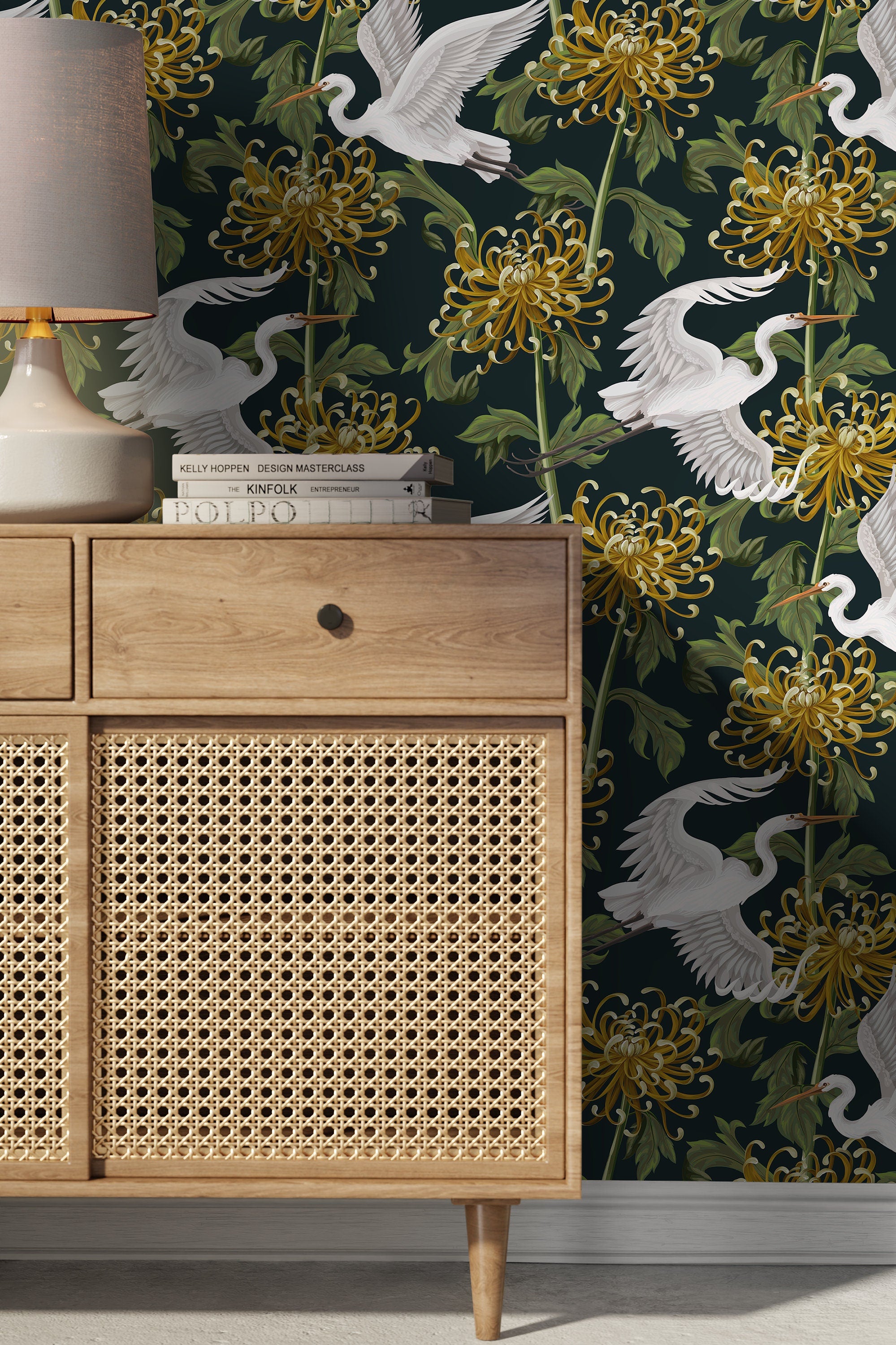 Chinoiserie Wallpaper With Cranes And Chrysanthemums In Dark Green, Gold, And White - D262