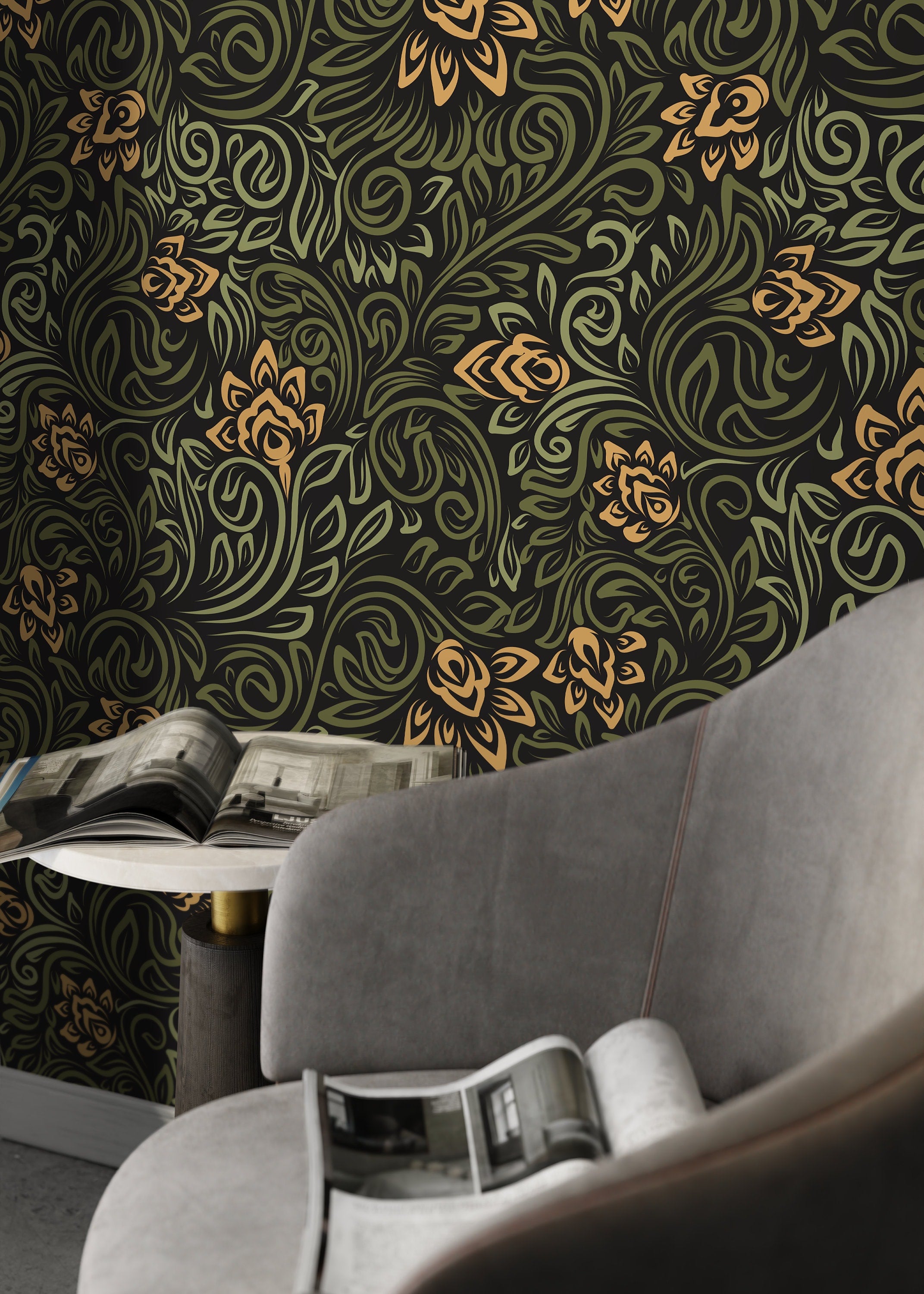 Art Nouveau Wallpaper With Swirling Floral Vines In Green, Gold, And Black - D159