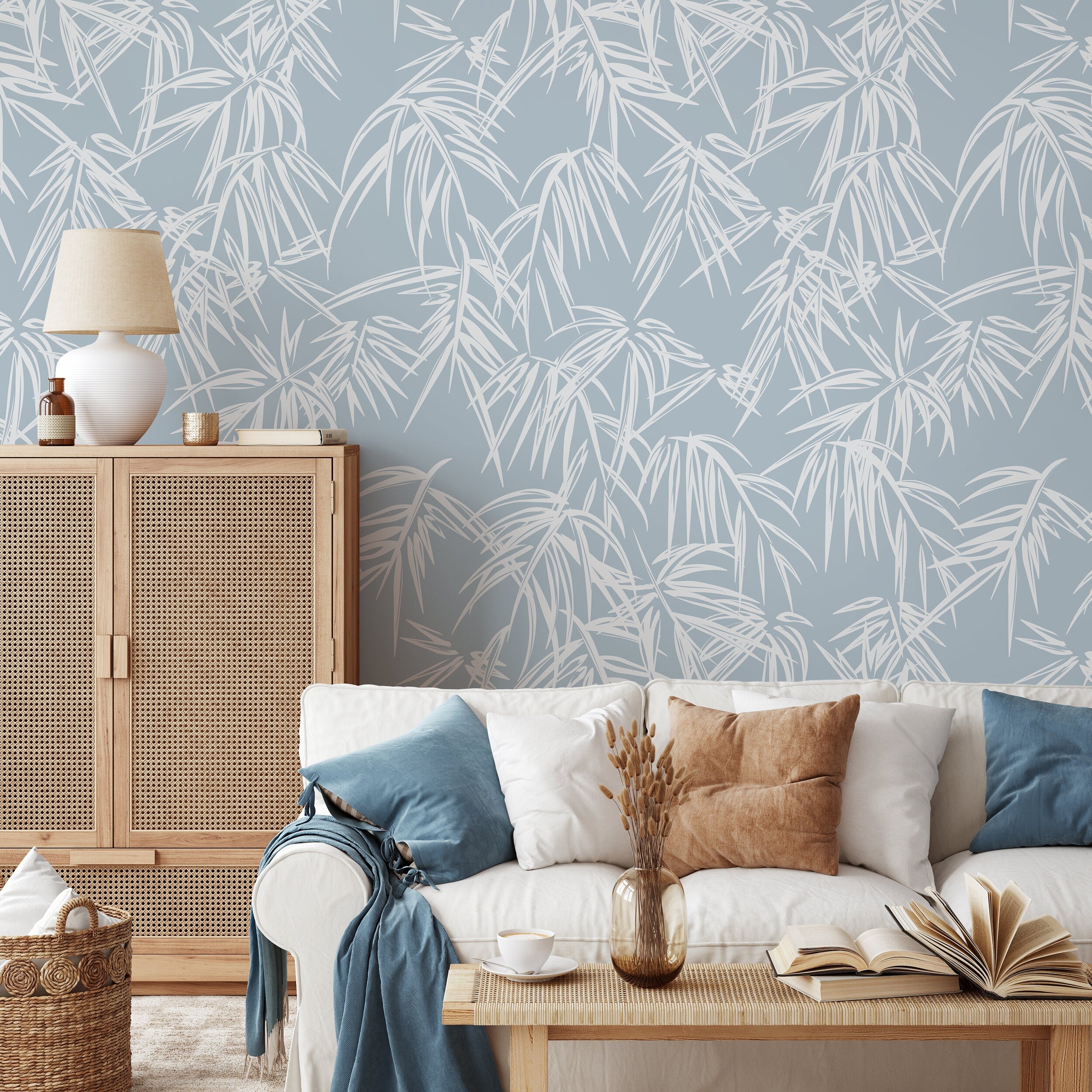 Tropical Wallpaper With Stylized Bamboo Leaves In Light Blue And White - D334
