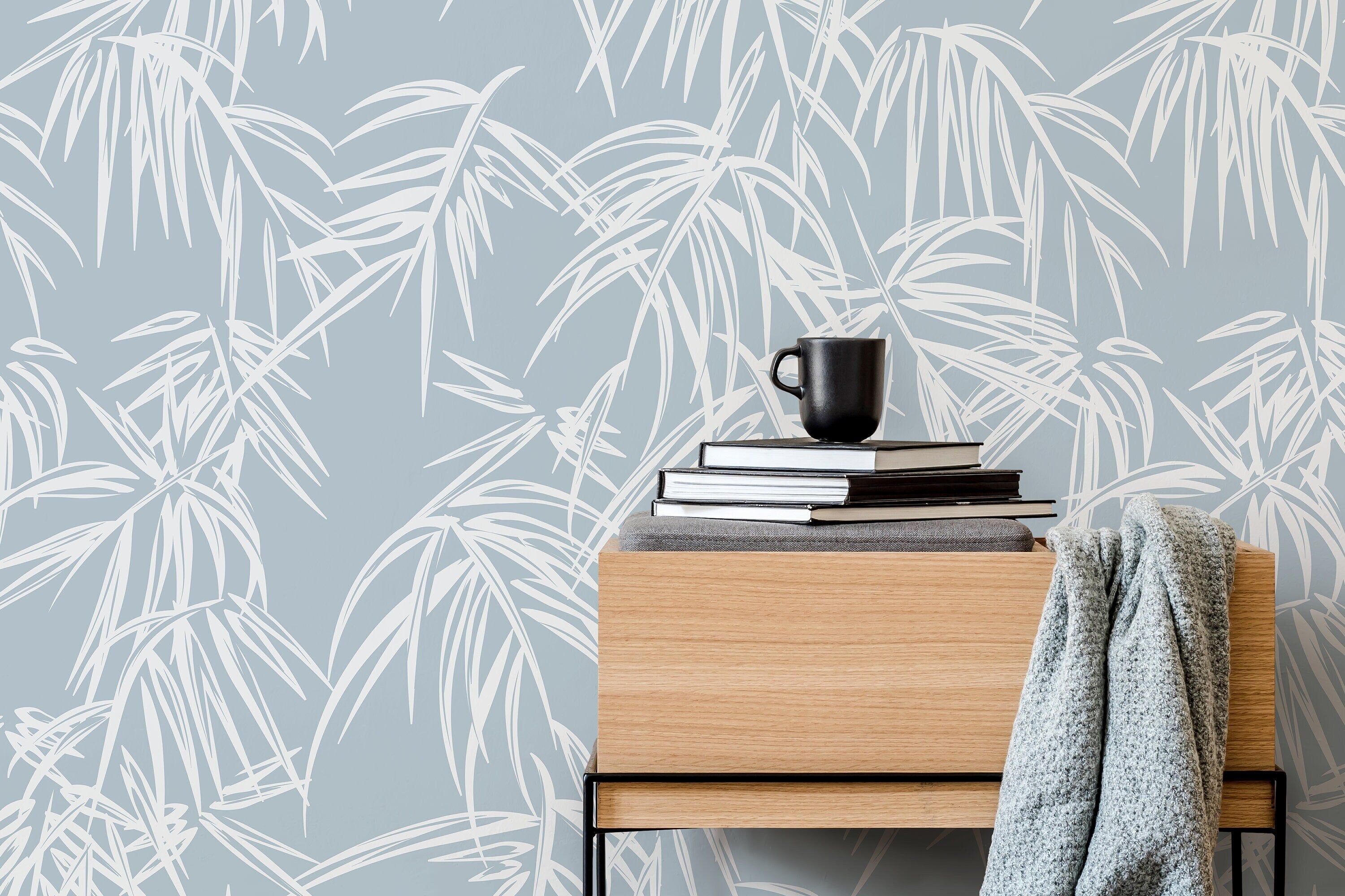 Tropical Wallpaper With Stylized Bamboo Leaves In Light Blue And White - D334