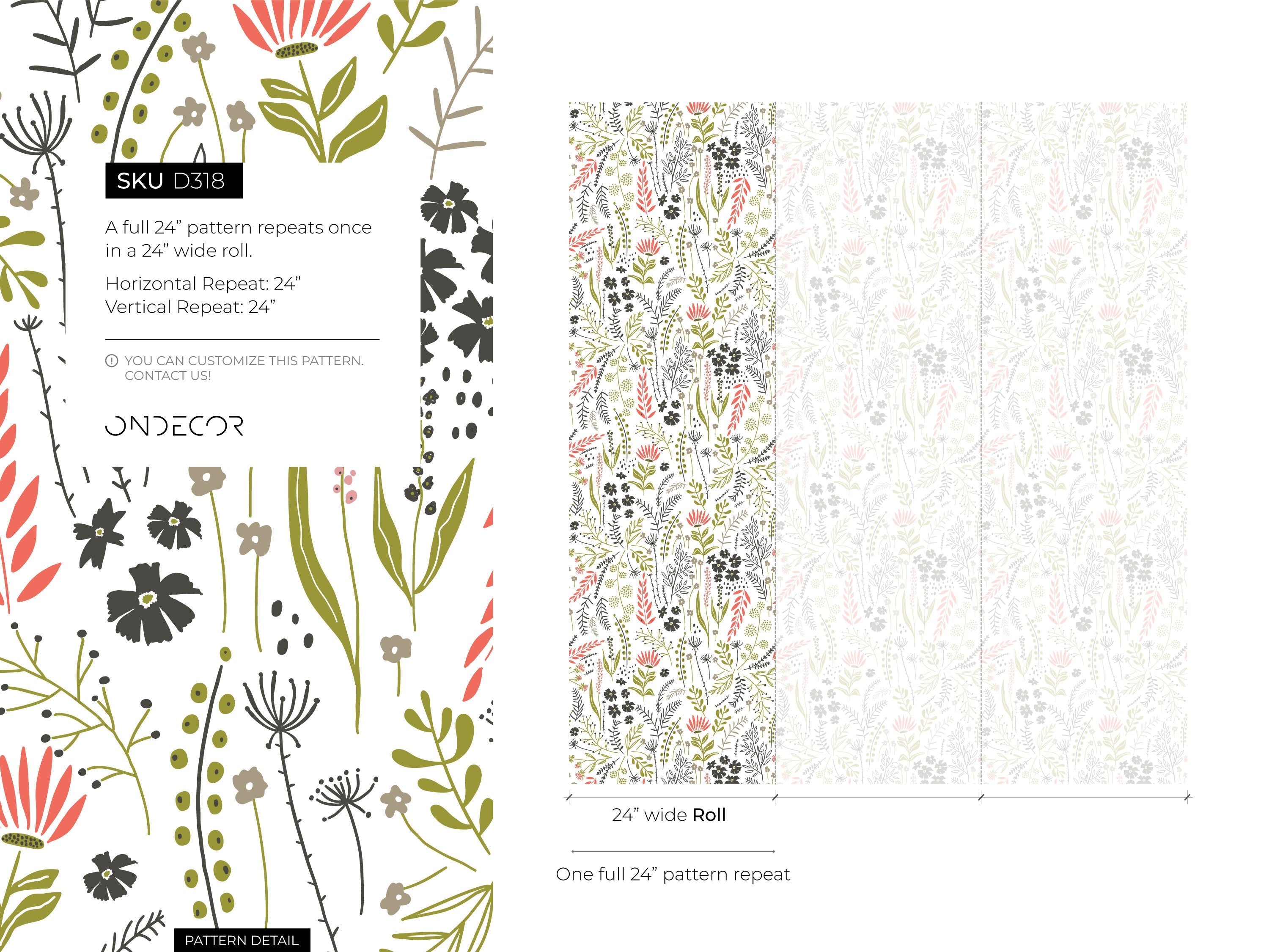 Botanical Wallpaper With A Hand-drawn Wildflower Motif In Green, Red, And Black - D318